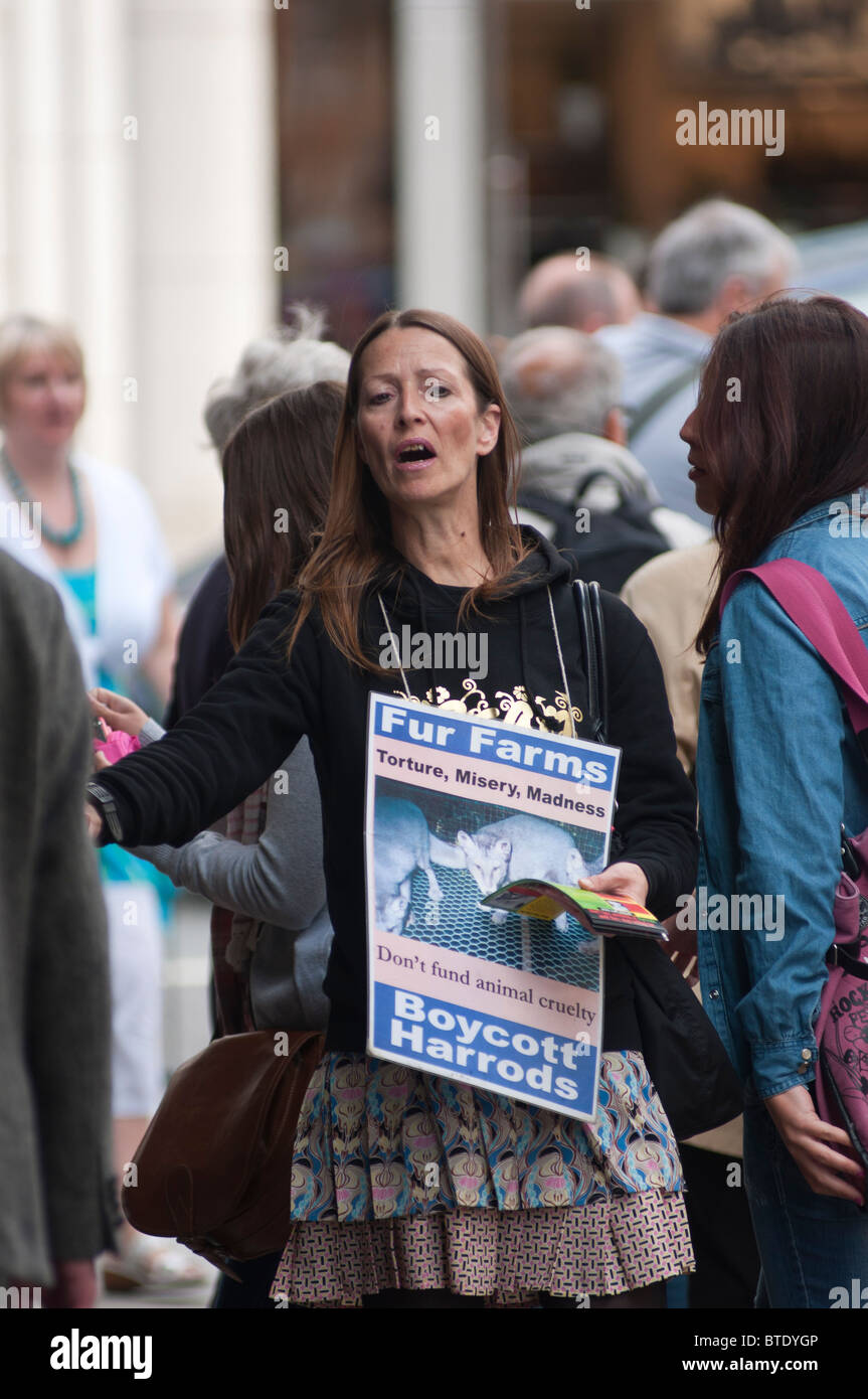 Anti commercio di pellicce manifestanti dimostrando al di fuori i grandi magazzini Harrods, London, Regno Unito Foto Stock