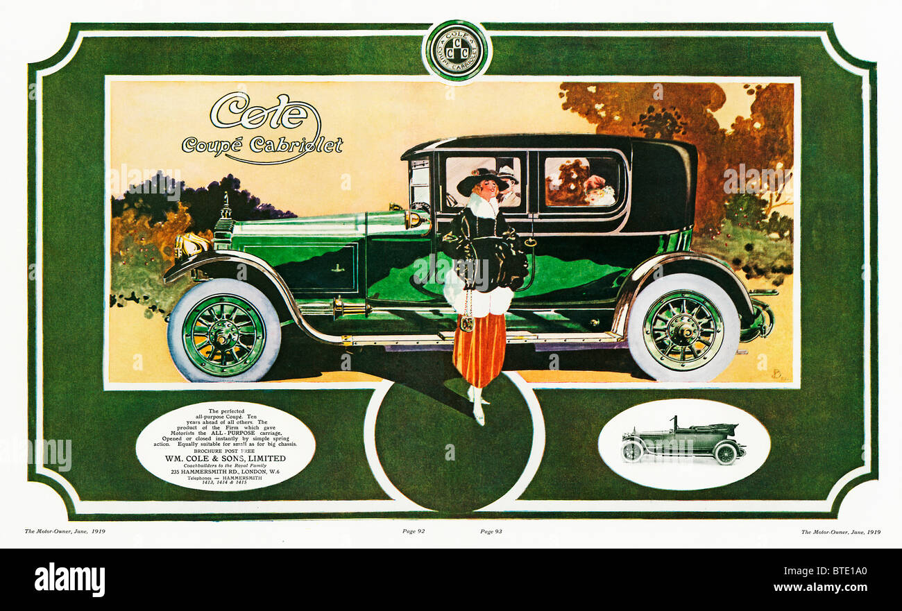 Cole Coupé Cabriolet, 1919 rivista inglese annuncio per tutti i fini coupe da WM Cole & Sons, carrozzieri per la famiglia reale Foto Stock