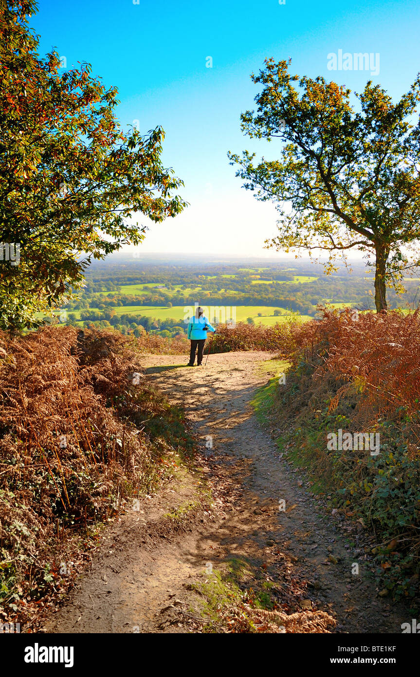 Vista dalla collina di passo , Surrey con walker in primo piano Foto Stock