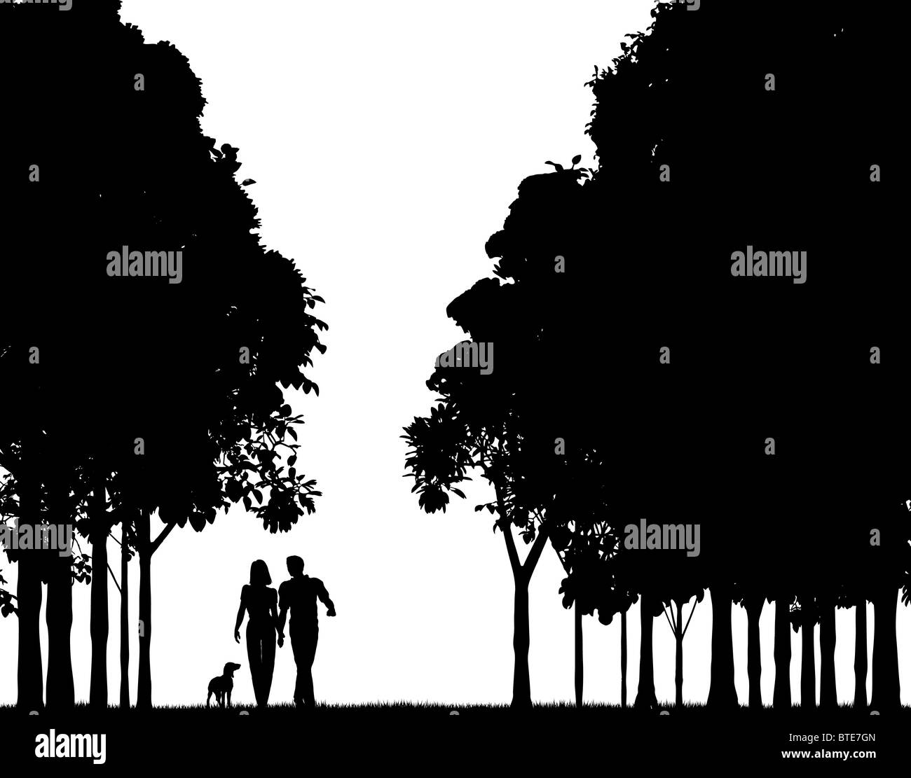 Illustrate la silhouette di un giovane a piedi attraverso un bosco Foto Stock