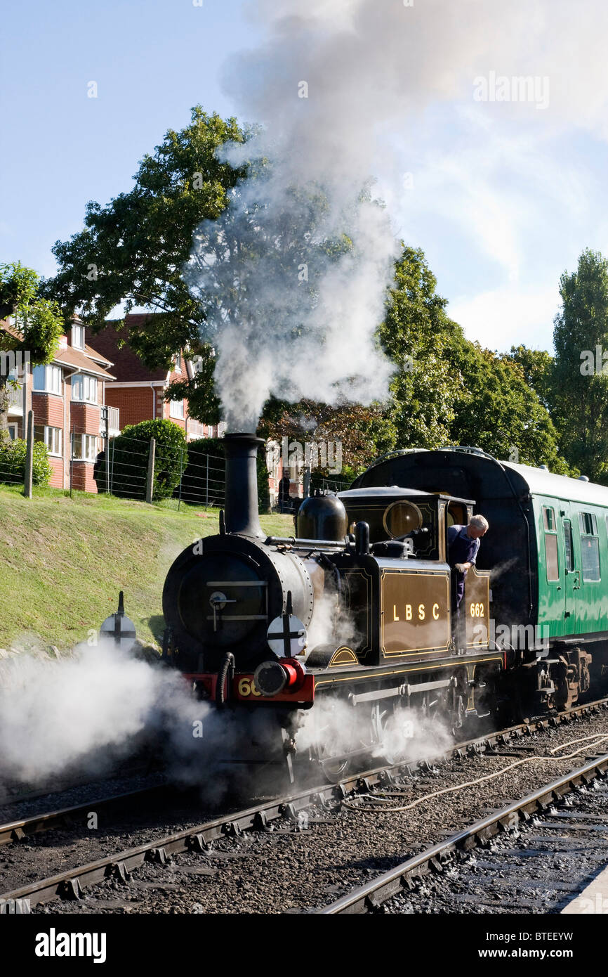 Treno a vapore a Swanage Stazione, Dorset, Regno Unito Foto Stock