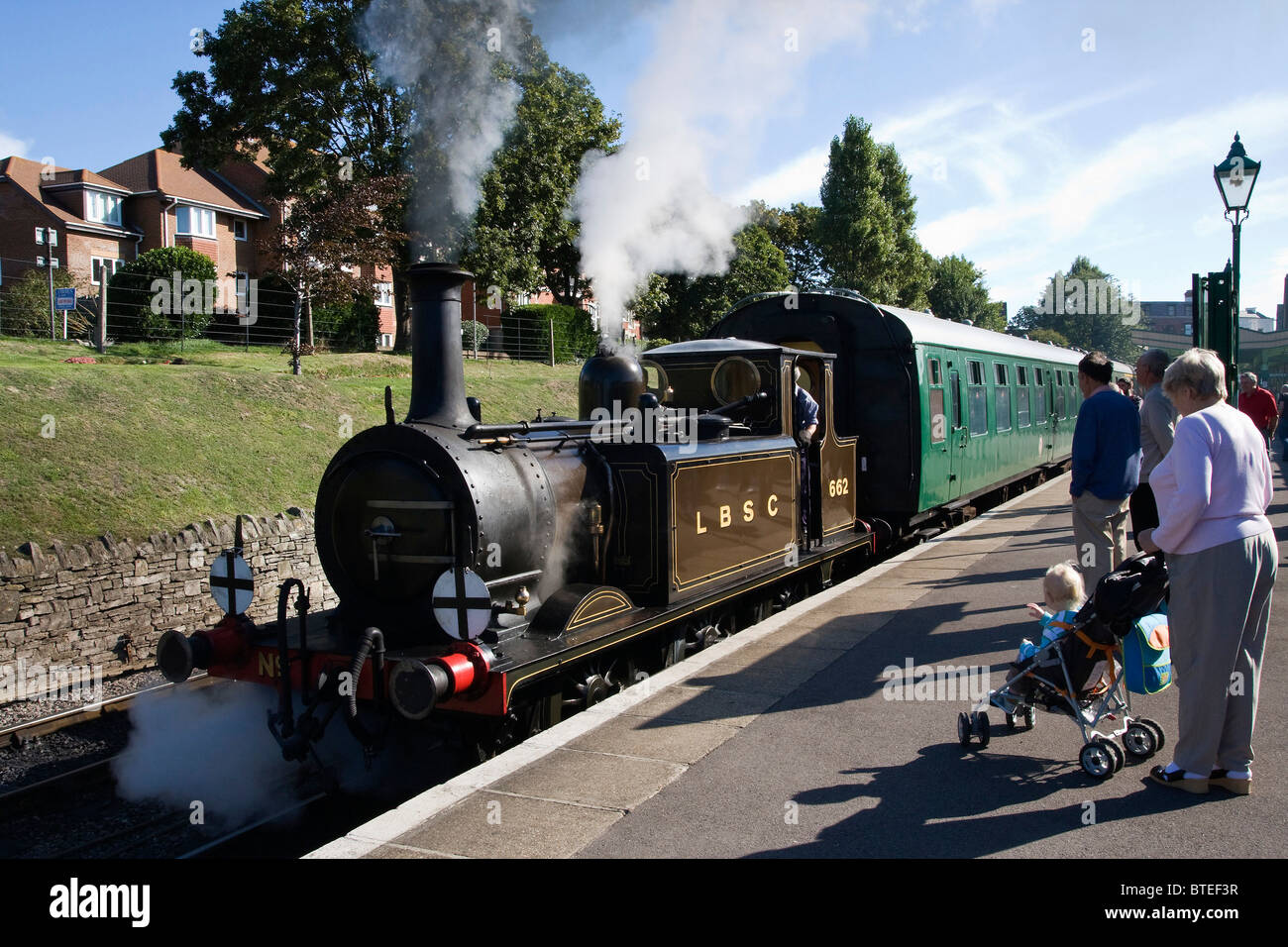 Treno a vapore a Swanage Stazione, Dorset, Regno Unito Foto Stock