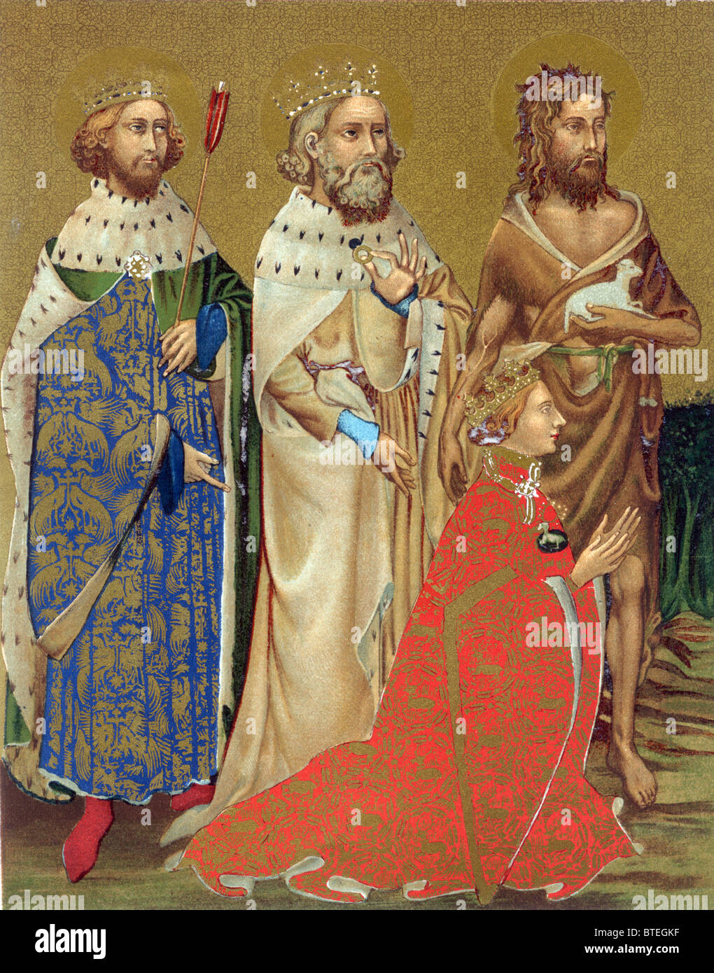 Riccardo II e i suoi santi patroni, Giovanni Battista, Edoardo il Confessore e Edmund King and Martyr; illustrazione a colori copiata dal Diptych di Wilton Foto Stock