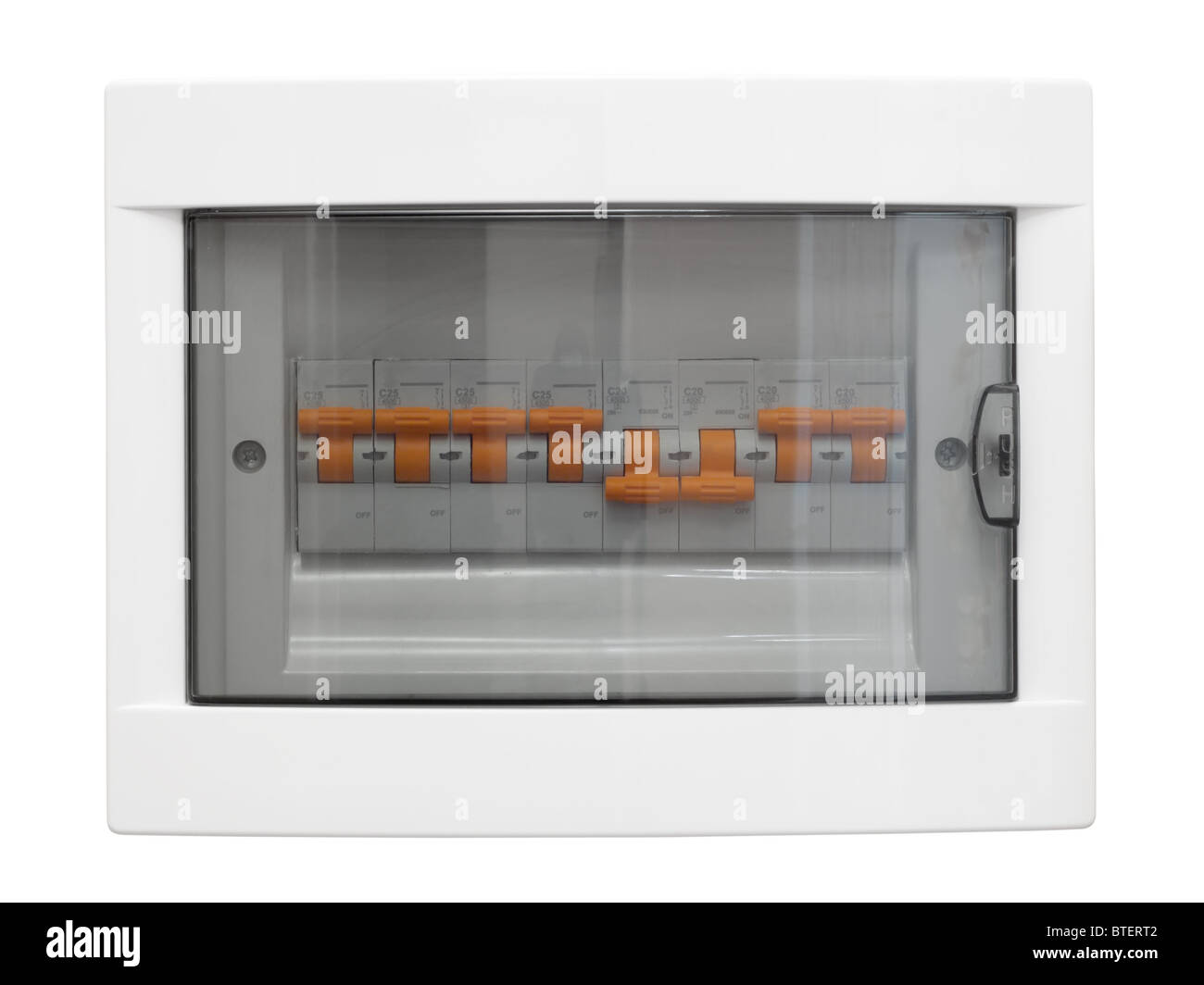 La distribuzione di energia elettrica box. Scatola fusibili. Isolato su sfondo bianco con percorso di clipping. Foto Stock