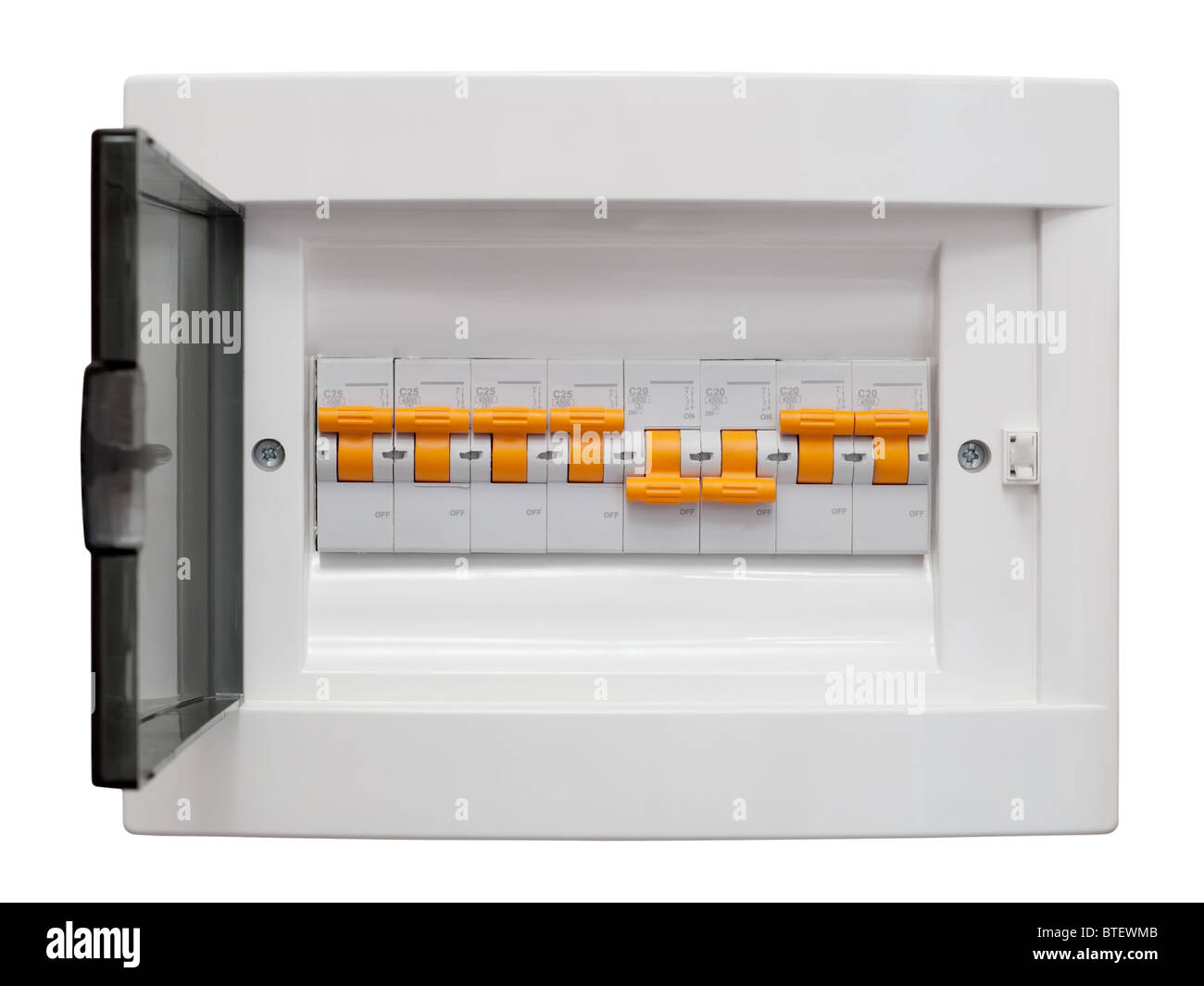 La distribuzione di energia elettrica box. Scatola fusibili. Isolato su sfondo bianco con percorso di clipping. Foto Stock