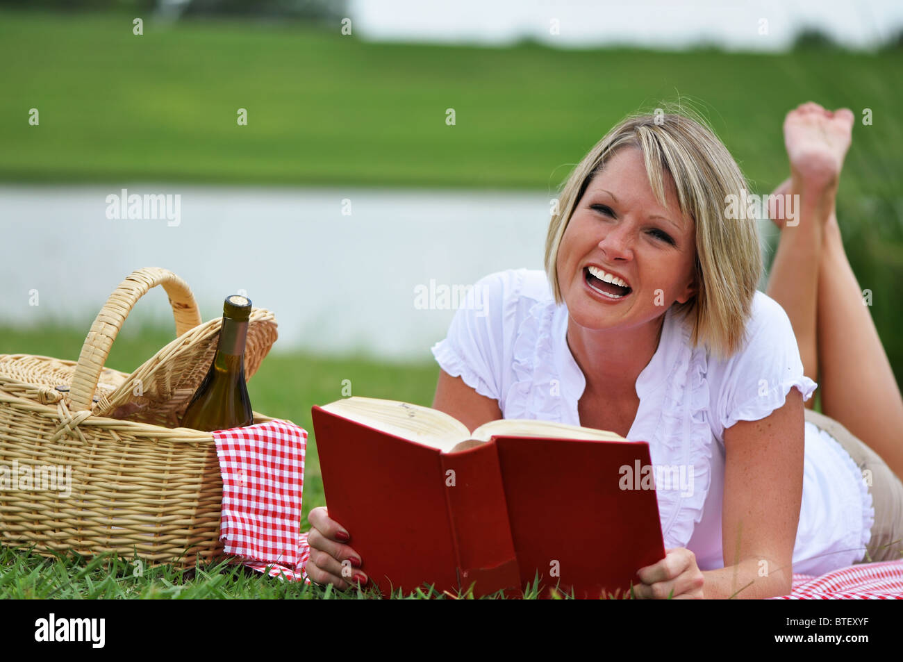 Giovane donna bionda su un picnic con libro e vino. Cesto per pic-nic con gingham coperta e igienico. Foto Stock