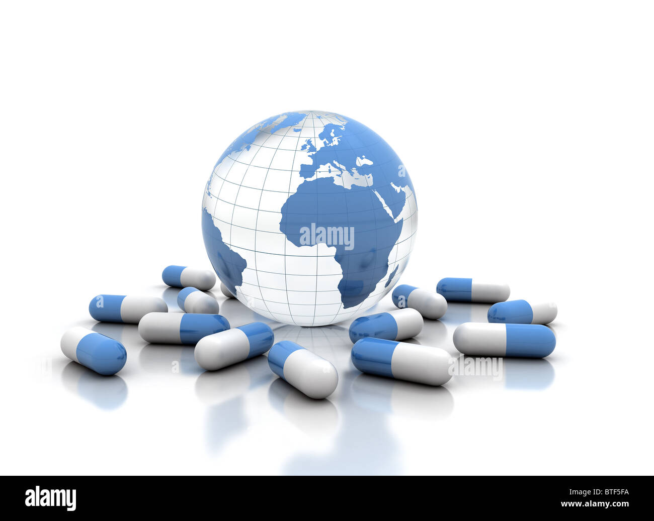 Pillole medicinali e globo mondo isolato su bianco Foto Stock