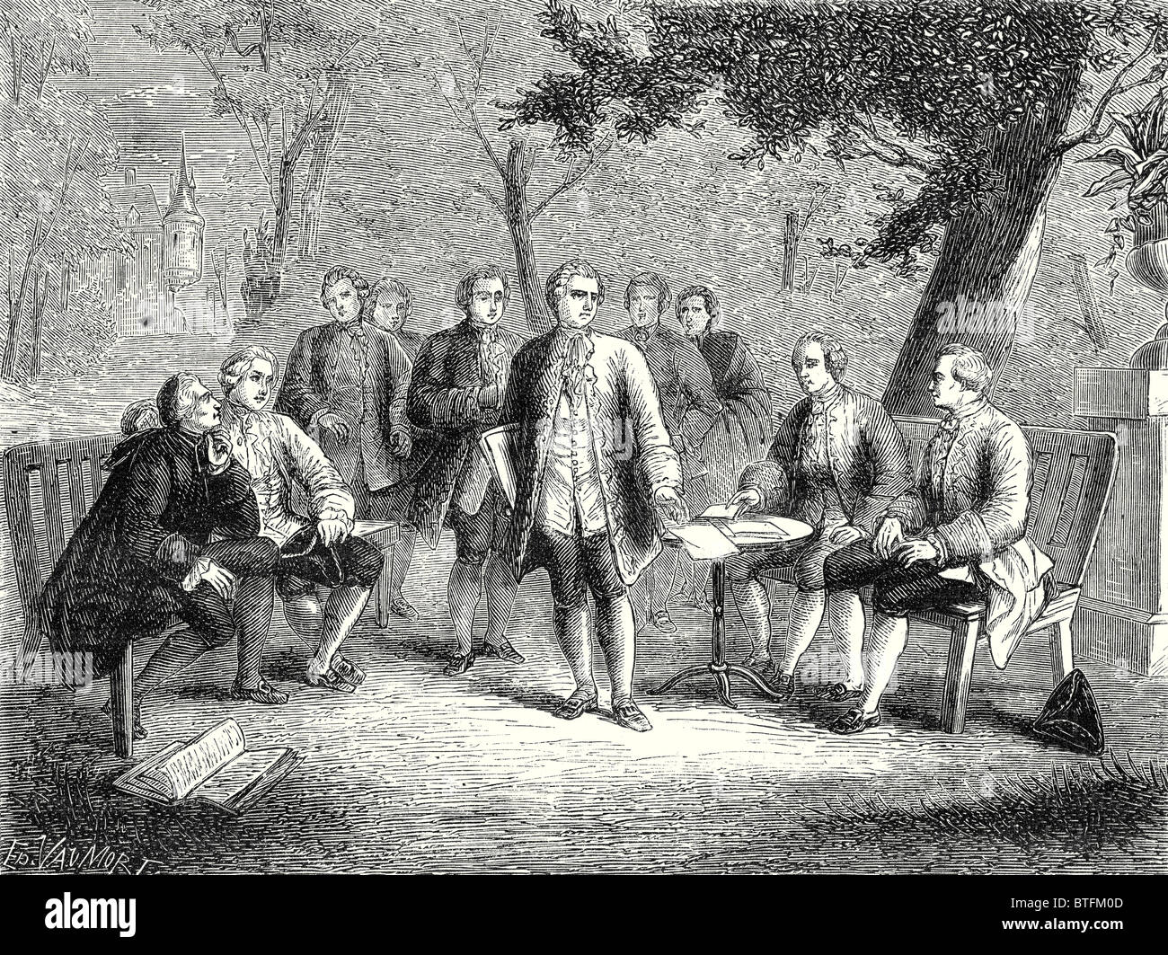 Il cenacolo scientifico al castello di Clairac: Montesquieu e il barone di Secondat, suo figlio, il cavaliere di Vivens; Romas e il Foto Stock
