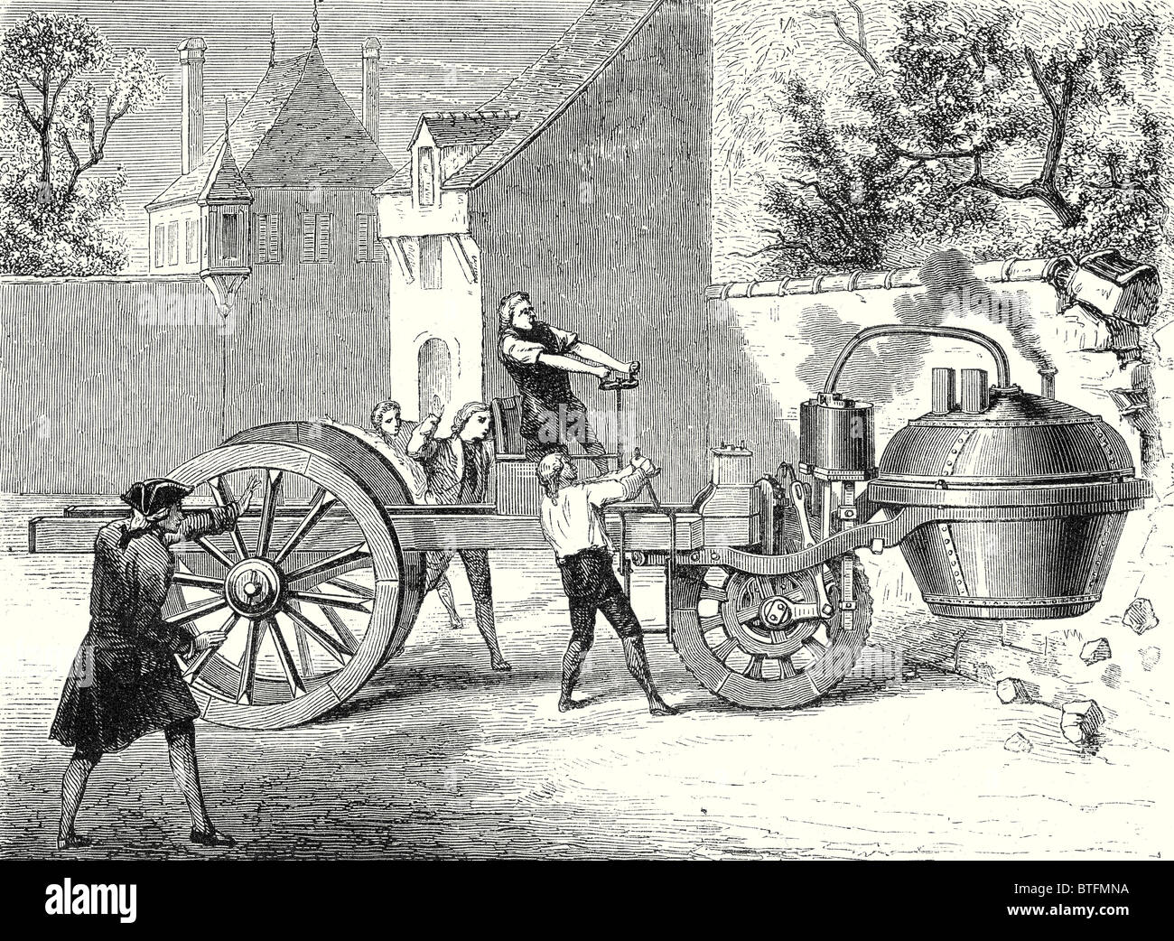 La prima locomotiva a vapore auto testato dall'inventore Cugnot, all'Arsenal a Parigi nel 1770 Foto Stock