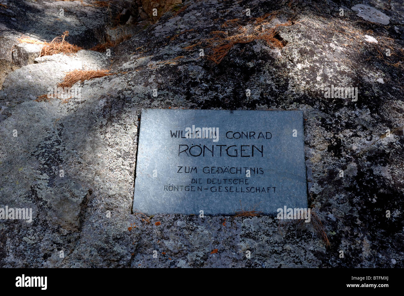 Memorial a Wilhelm Conrad Röntgen, Nobel award-winning fisico tedesco che scoprì i raggi X, sul sentiero escursionistico vicino a Pontresina, Svizzera Foto Stock