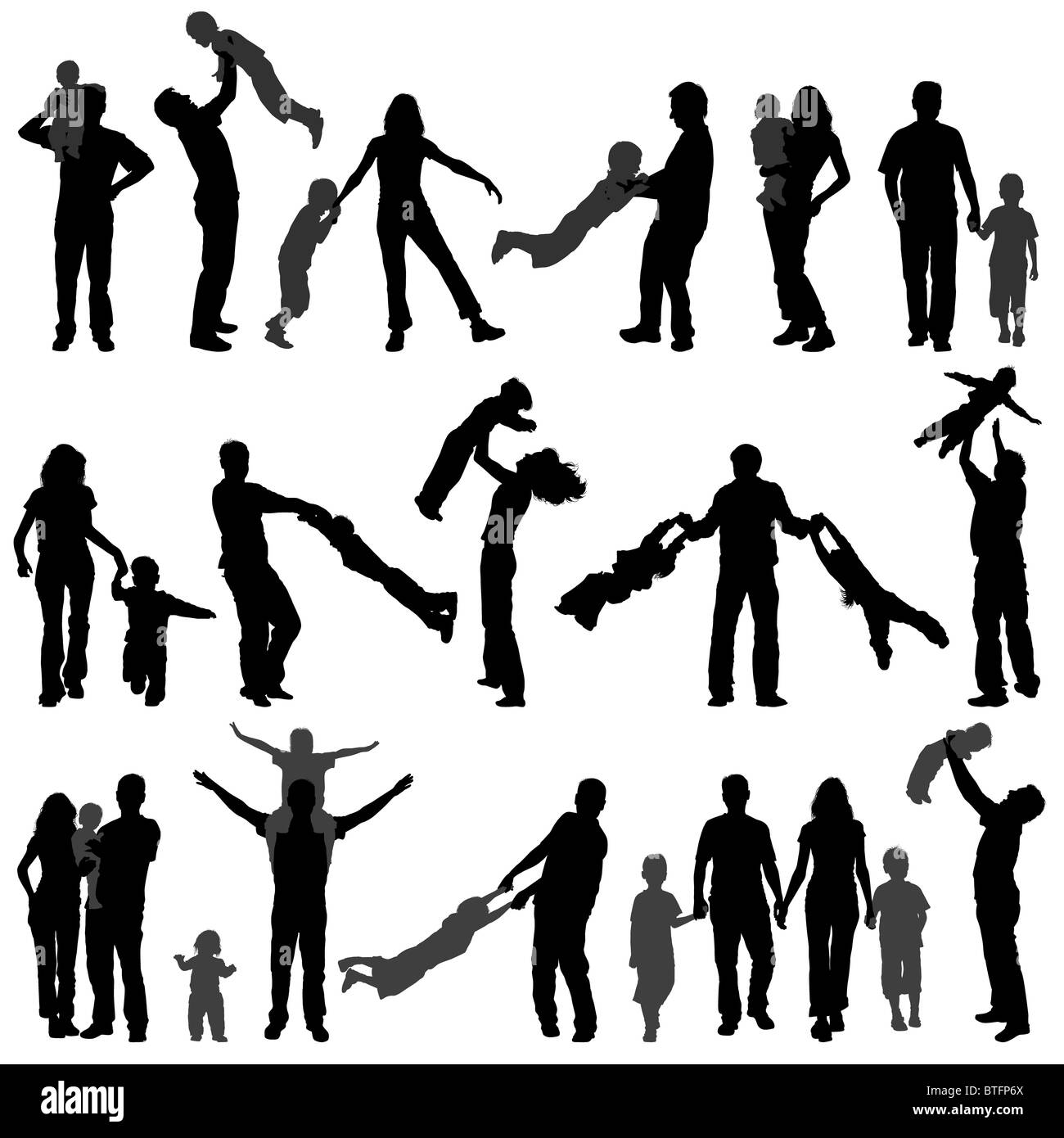 Grande raccolta di Silhouette vettore felice famiglia con bambino sulla passeggiata, illustrazione per la progettazione Foto Stock