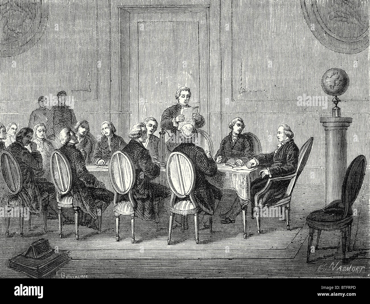 Joseph Banks legge la lettera di volta annuncia la scoperta della batteria elettrica, prima che il "Royal Society di Londra' Foto Stock
