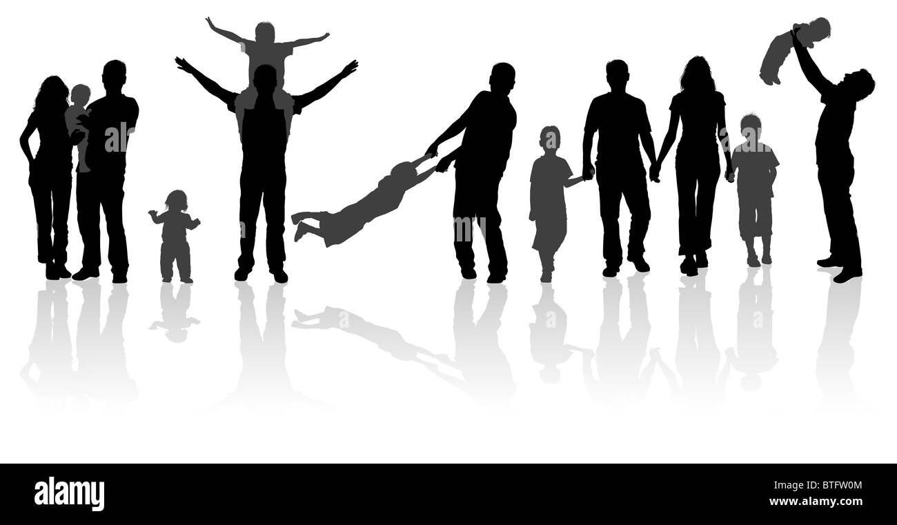 Silhouette famiglia felice a piedi in azione, illustrazione vettoriale per la progettazione Foto Stock