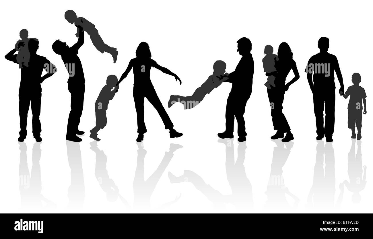 Silhouette famiglia felice a piedi in azione, illustrazione vettoriale per la progettazione Foto Stock