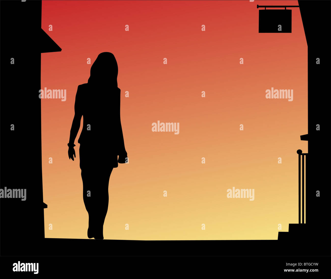 Illustrato silhouette di donna che cammina giù per una strada Foto Stock