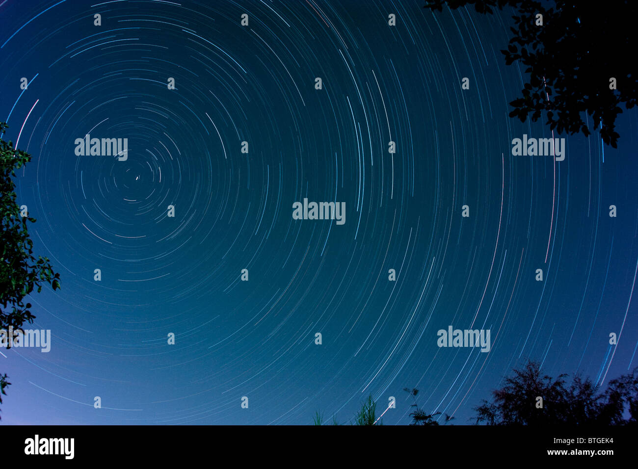 Una lunga esposizione immagine della stella sentieri intorno a Polaris, il polo nord star Foto Stock