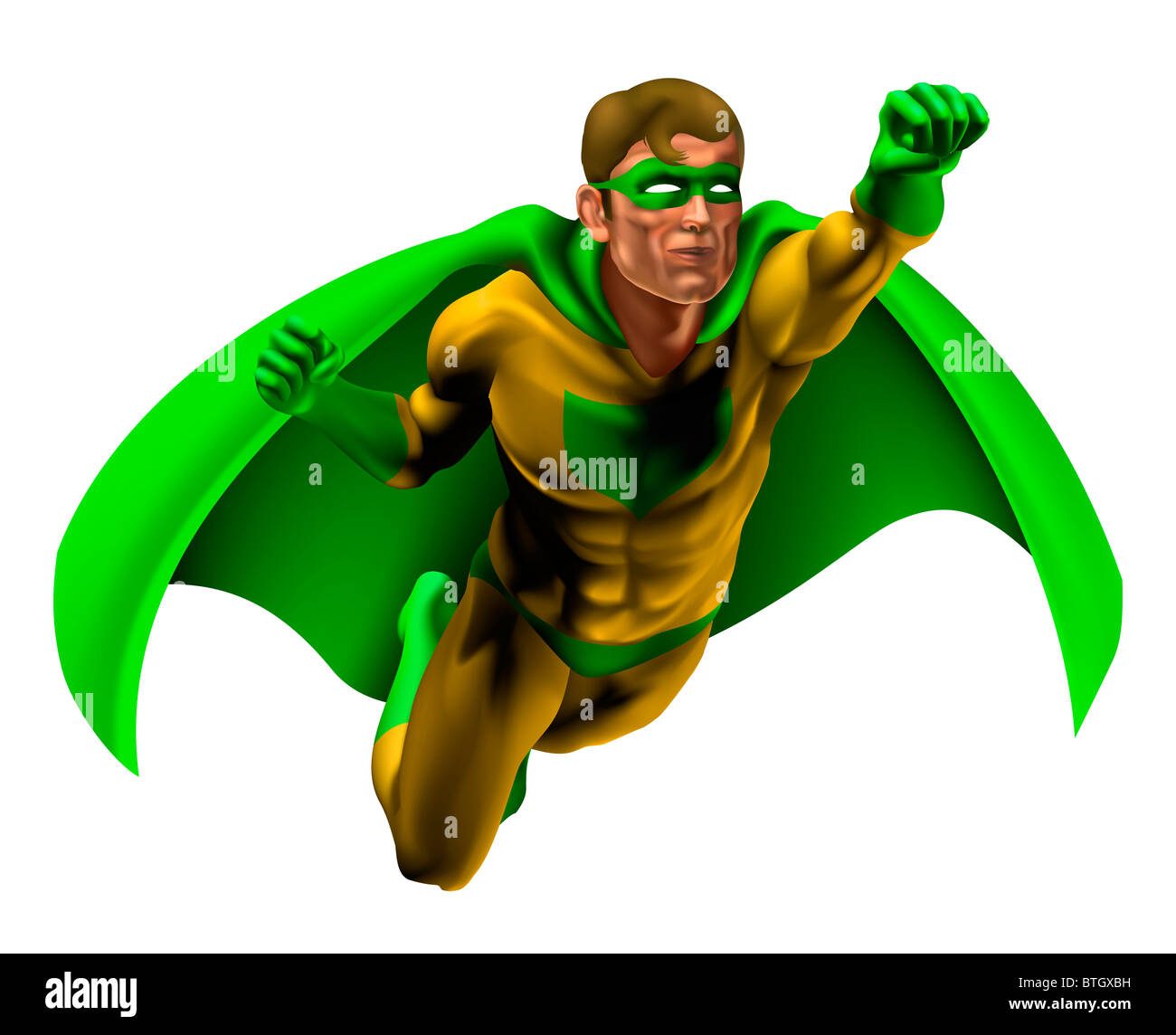 Illustrazione di un supereroe incredibile vestito in giallo e verde con costume cape volare attraverso l'aria Foto Stock