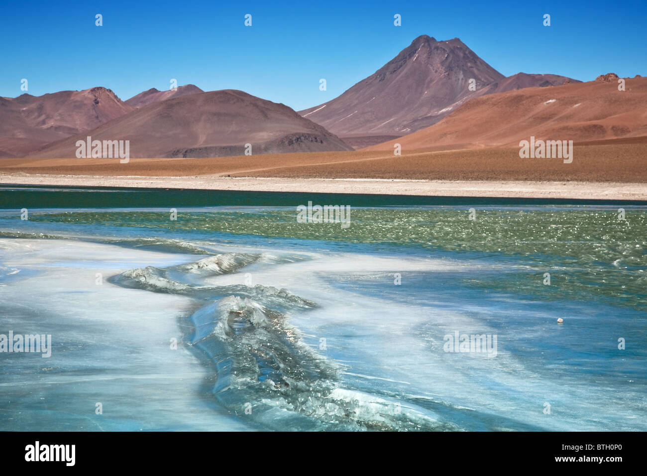 Vista sulla laguna gelata Quepiaco e vulcano Acamarachi nel deserto di Atacama, Cile Foto Stock