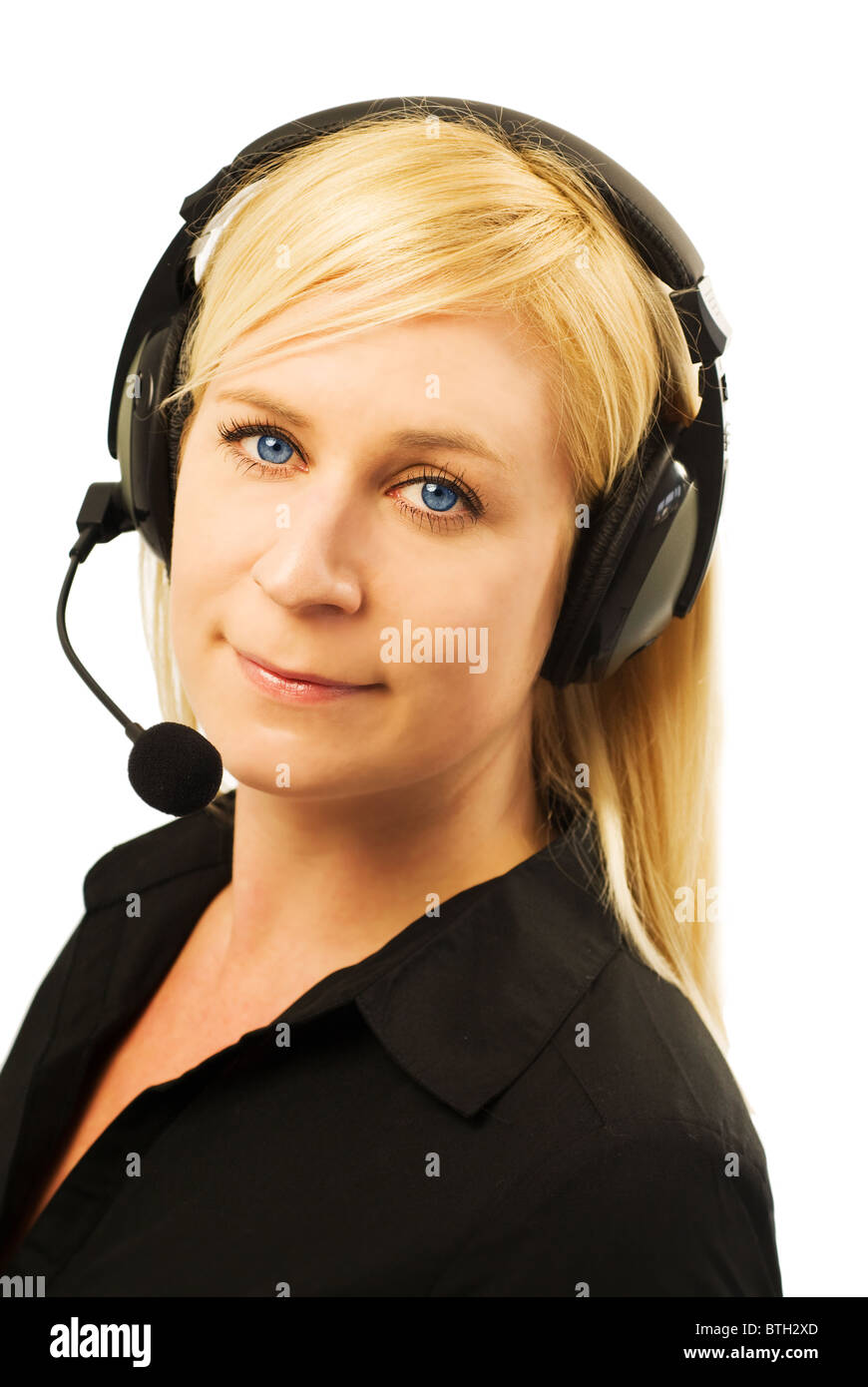 Operatore di call center con cuffia Foto Stock