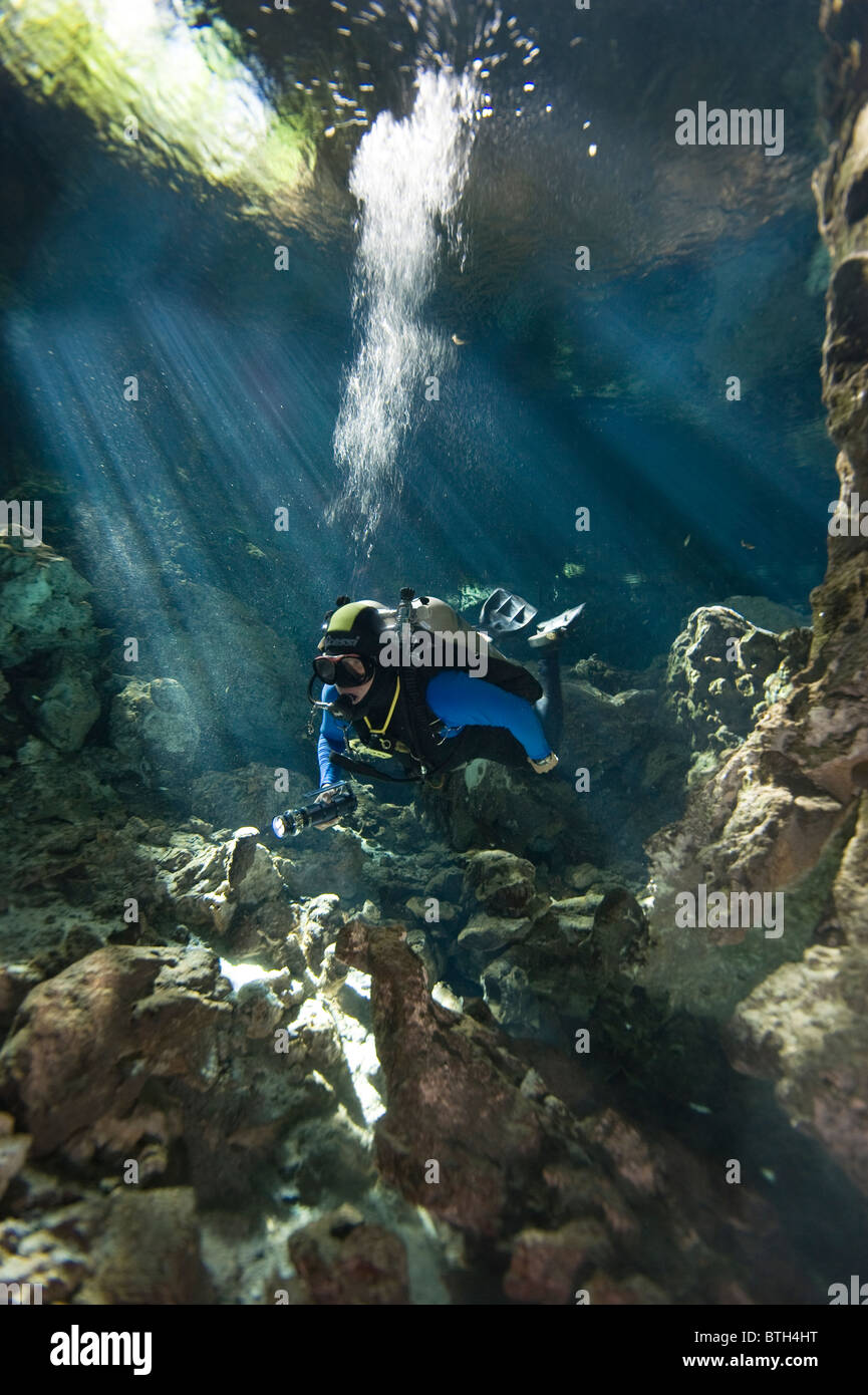 Grotta immersioni nei cenote sistema di caverne nella penisola dello Yucatan in Messico. Foto Stock