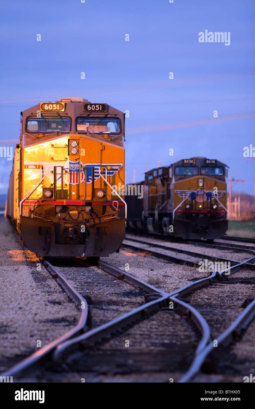 Due Union Pacific treni di carbone resto nel tardo pomeriggio di sole prima che si scarichi il loro carbone presso la centrale elettrica in Powerton, IL. Foto Stock