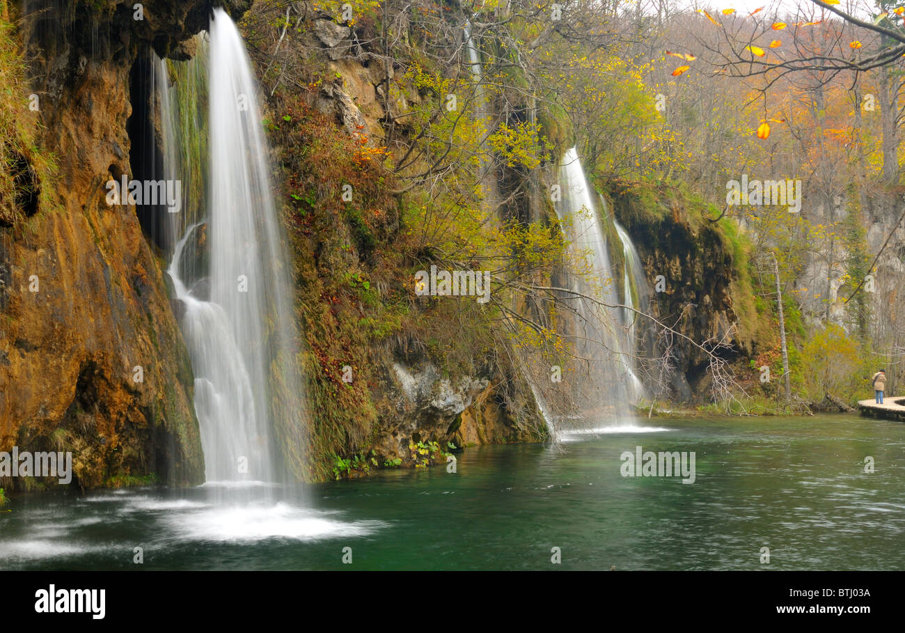 Stagno e cascate in autunno una lussureggiante vegetazione in laghi di Plitvice (Croazia - Hrvatska) Foto Stock