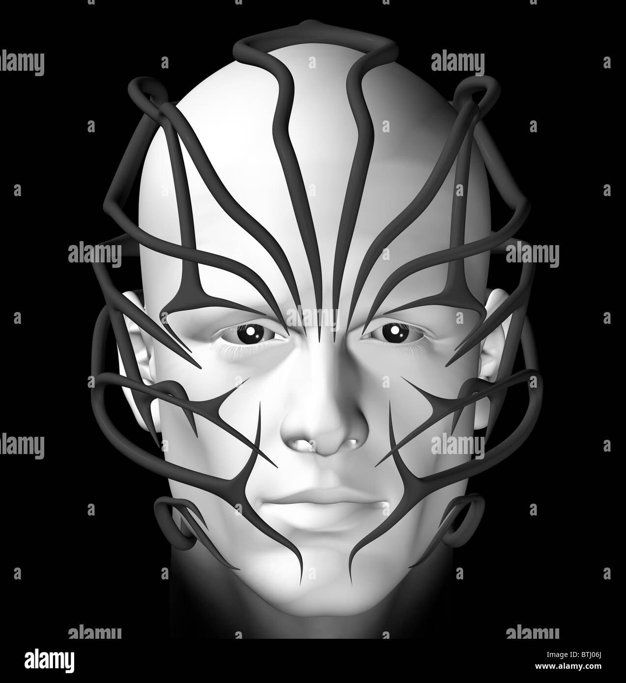 Uomo con futuristico maschera tribale. 3d'illustrazione. Foto Stock