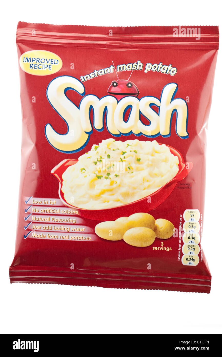 Tre pacchetti servente di Smash instant schiacciare le patate. Foto Stock