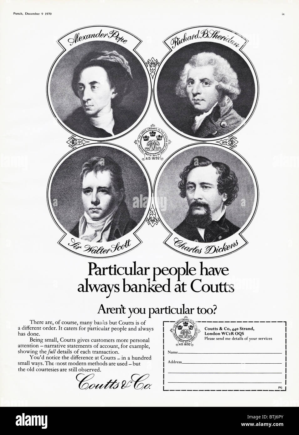 Pubblicità per Coutts & Co banca in rivista circa 1970 Foto Stock