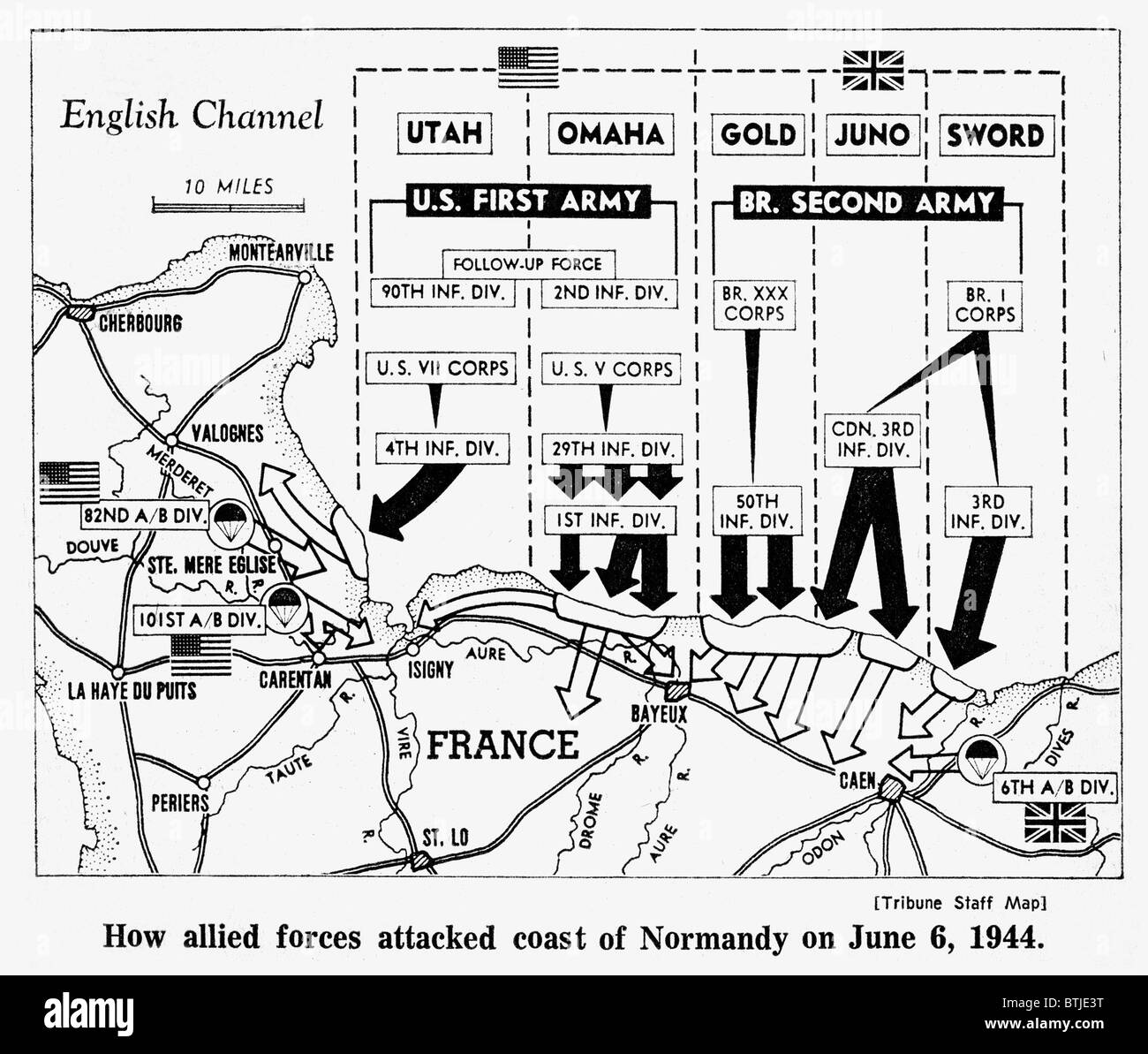 Il D-Day, mappa dettagliata alleati invasione della Normandia, Francia, 1944 Foto Stock