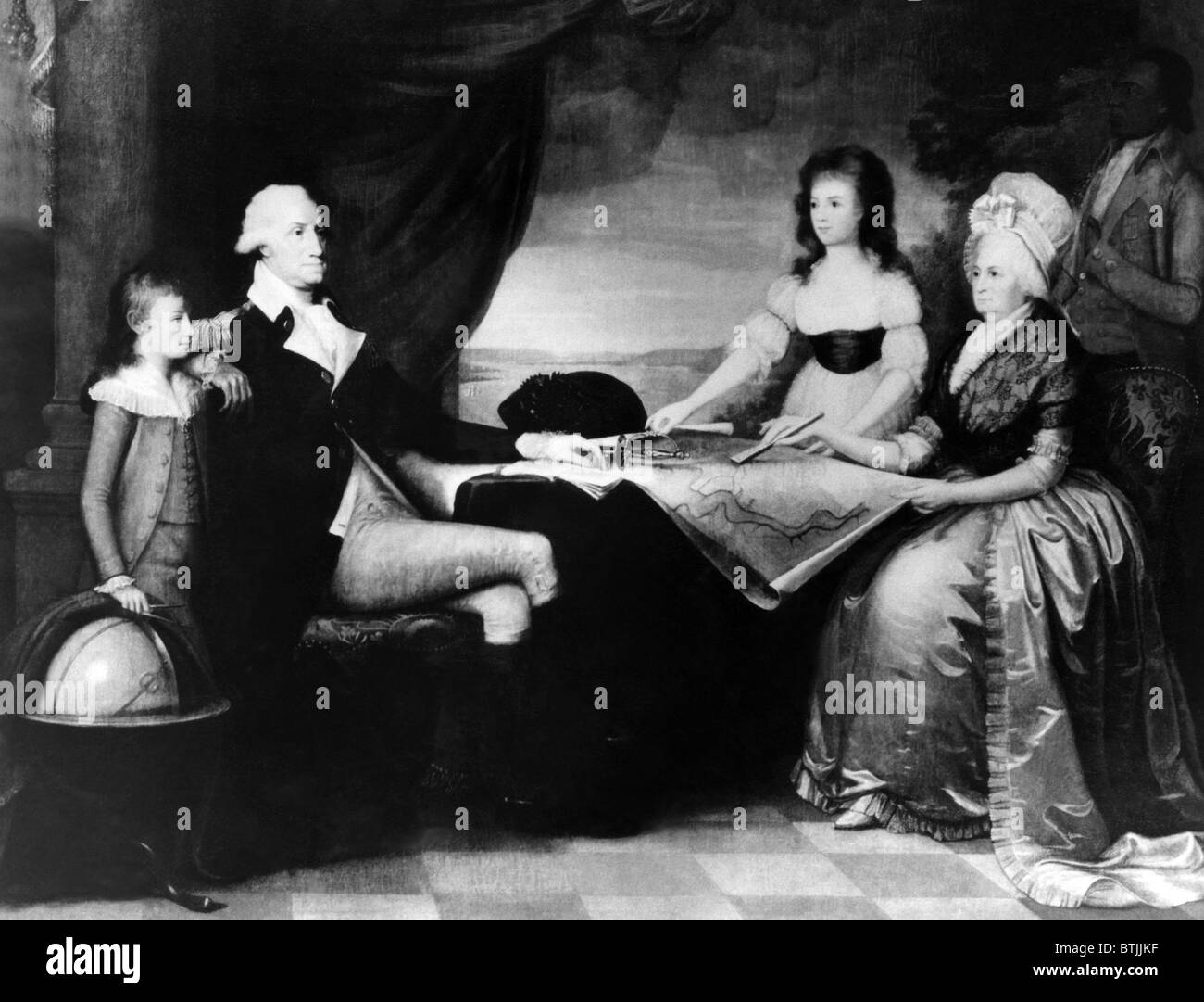 Incisione di George Washington (secondo da sinistra), Martha Washington (estrema destra),e la loro famiglia, c. 1790. Foto Stock