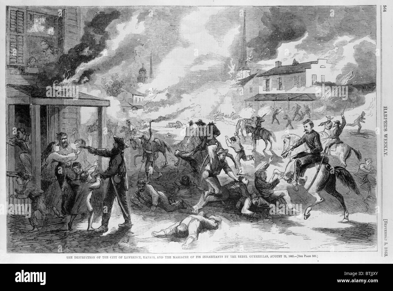 La guerra civile, la distruzione della città di Lawrence, Kansas, e il massacro dei suoi abitanti dai guerriglieri ribelli, Agosto 21, 1863. Xilografia ca. 1863 Foto Stock