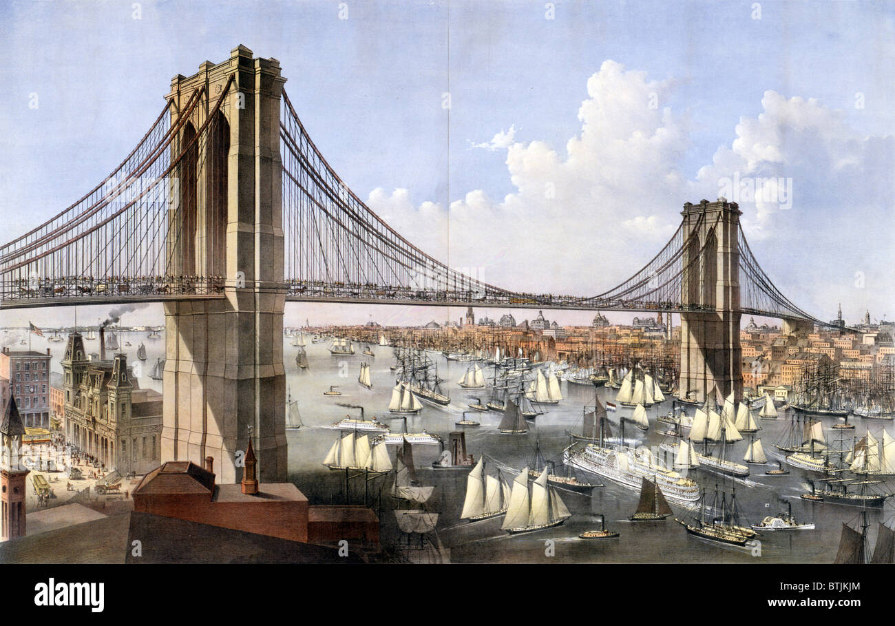 Ponte di Brooklyn, il grande East River sospensione ponte- che collega la città di New York e Brooklyn, pubblicata da Currier & Foto Stock