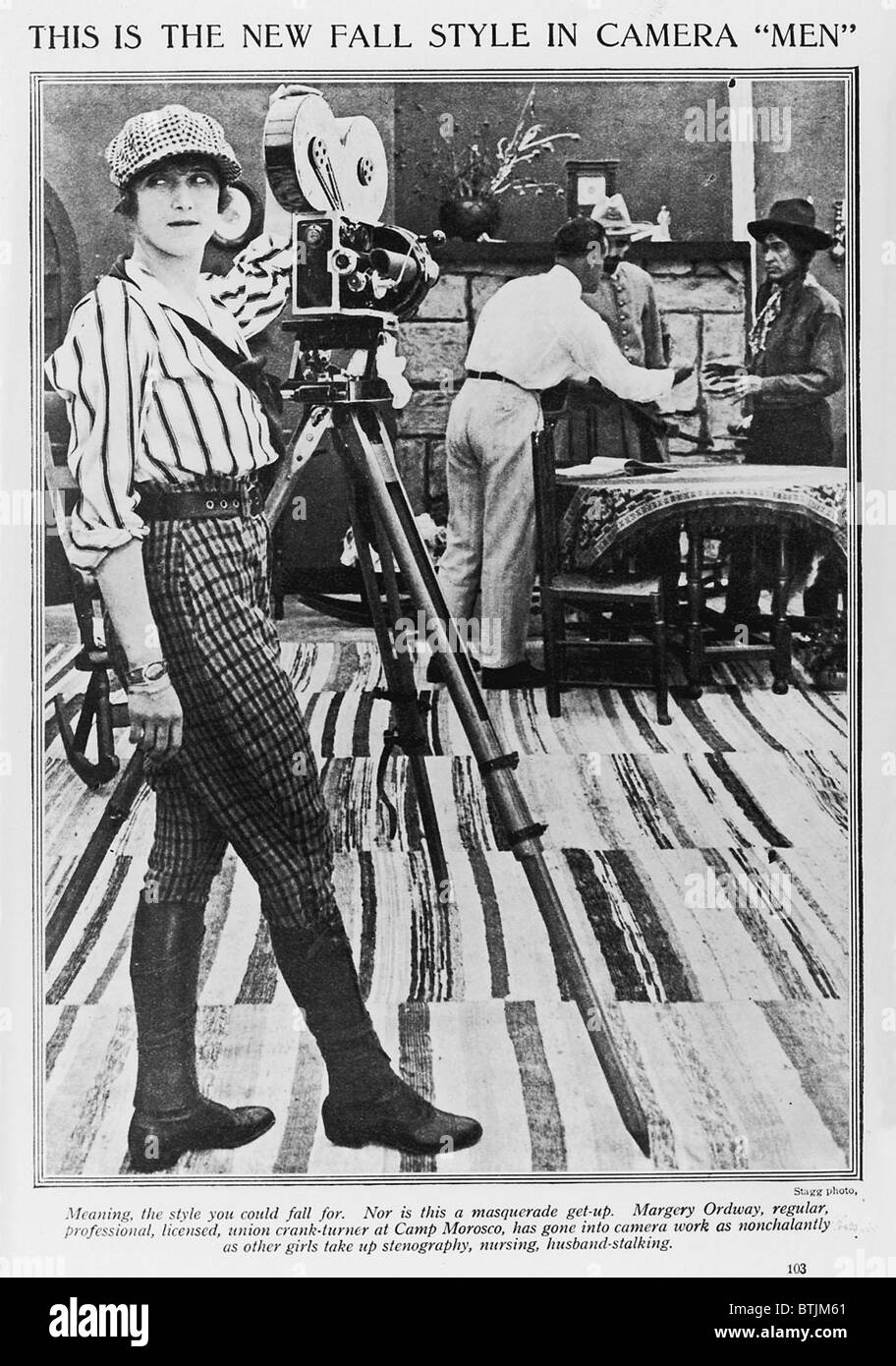 Margery Ordway, donna cineasta, testo recita "Questo è il nuovo stile di caduta nella fotocamera uomini, significato, lo stile che potrebbe cadere per l. Non si tratta neppure di una mascherata get-up. Margery Ordway, regolari, professional, concessi in licenza europea manovella-turner a Camp Morosco.', circa 1910s. Foto Stock