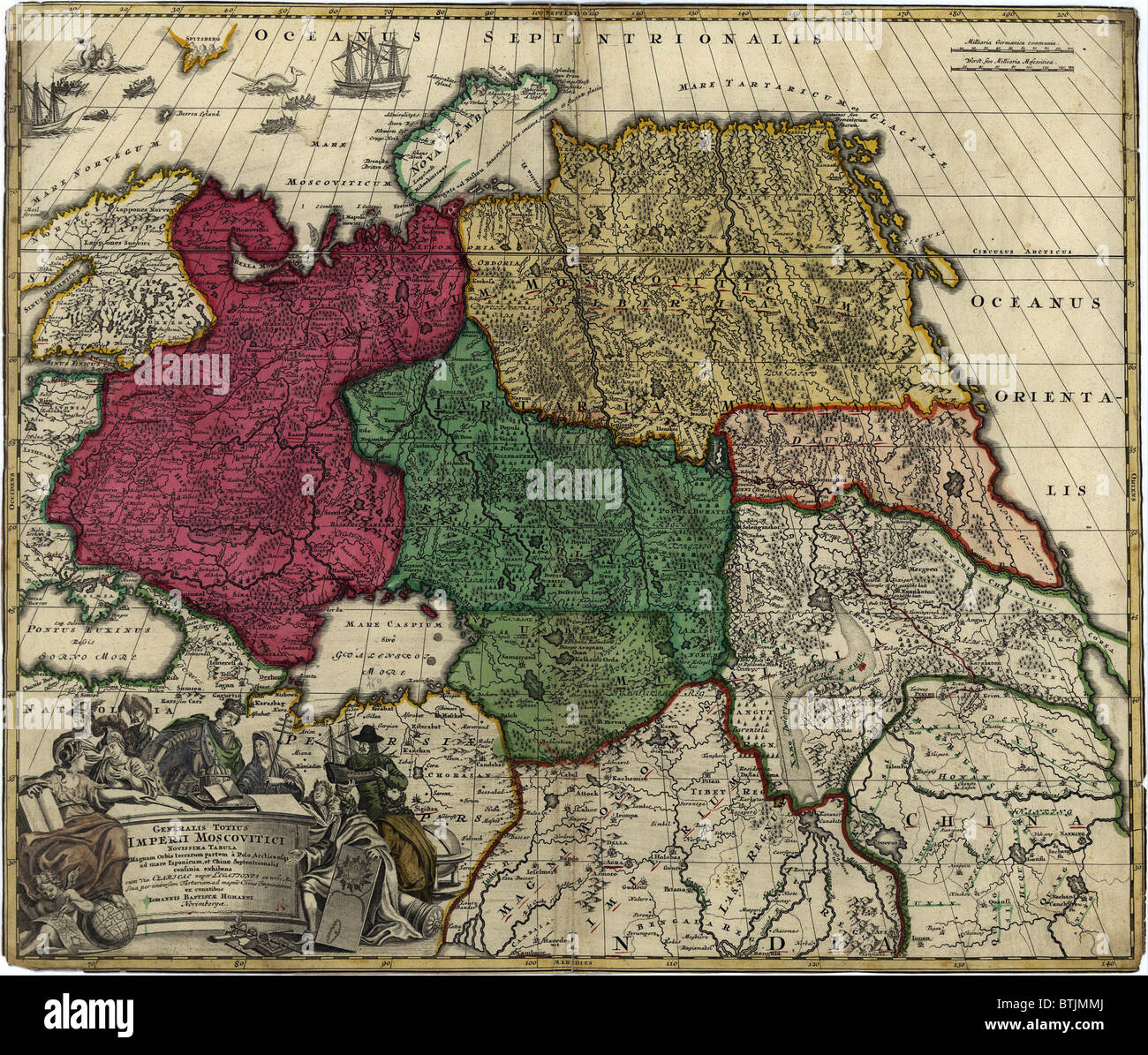 1704 Mappa di Russia che mostra i guadagni territoriali realizzati durante il regno di Pietro il Grande (1672-1725). Mappa distingue tra la Comunità russa e i territori asiatici di Tartarie Magna e la Siberia. Foto Stock