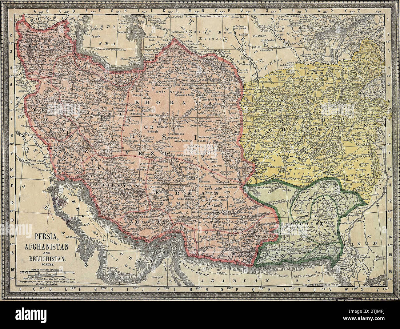 Mappa di Persia, Afghanistan e Beluchistan (Pakistan). 1881 Foto Stock