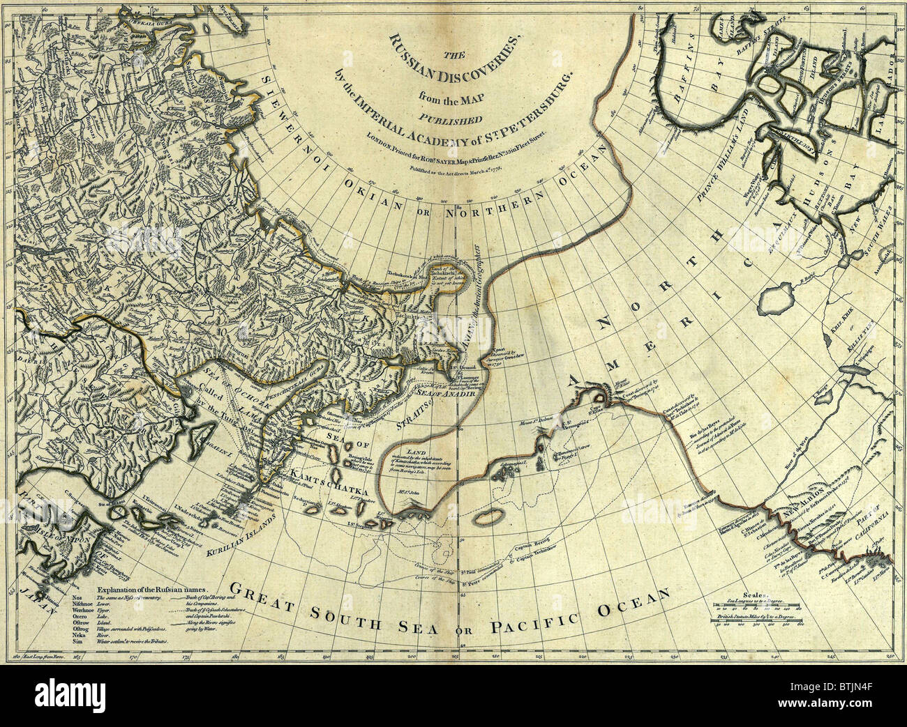 1775 mappa mostrando russo orientale e occidentale e America del Nord. Mappa mostra percorsi di esplorazione di Vitus Bering (1778), russo explorer Tachirikow, e molti in spagnolo di nomi di luogo. Foto Stock