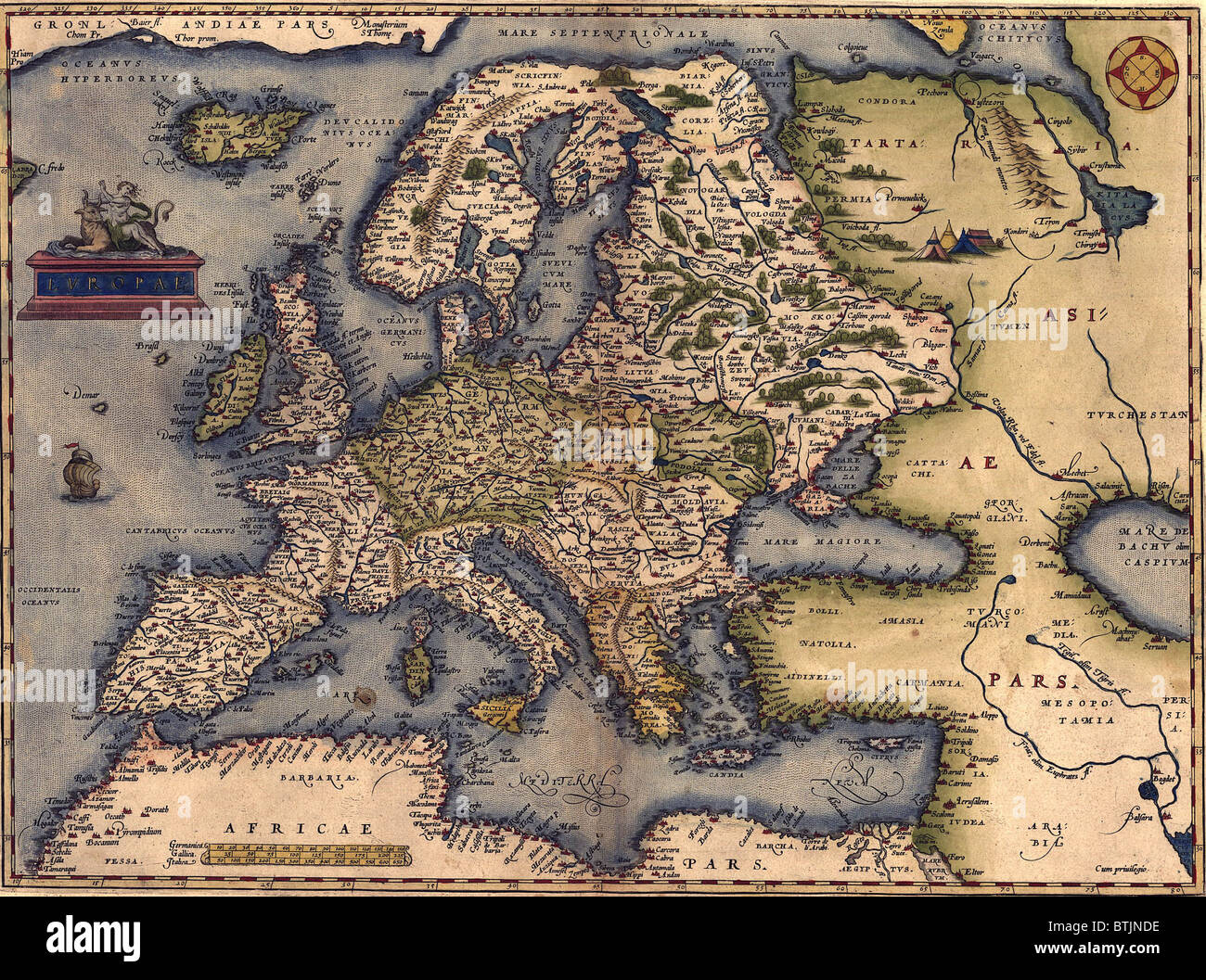 1570 Mappa di Europa. Da Abraham Ortelius' Atlas, 'Theatrvm orbis terrarvm.". Foto Stock