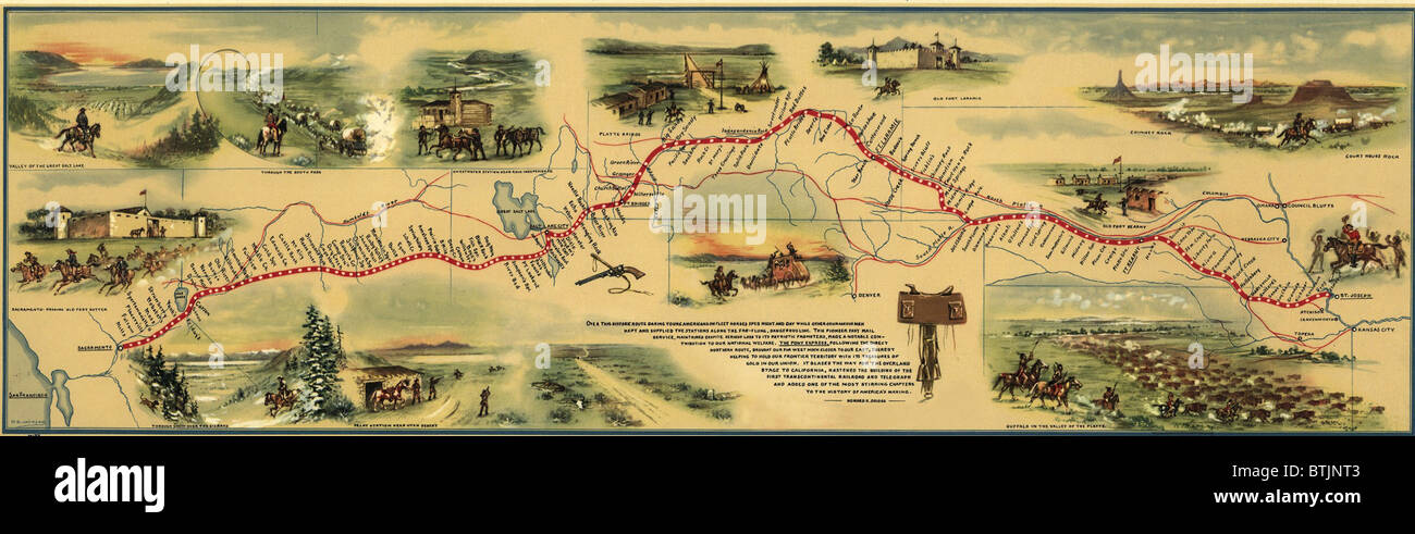Pony Express route Aprile 1860 - ottobre 1861 era un sistema di consegna di posta a cavallo e cavaliere relè tra San Giuseppe, Missouri, e Sacramento, California, una distanza di 1.800 miglia che ha avuto dieci giorni. Essa è stata redditizia e rapidamente sostituito dalla transcontinental telegraph sistema. Foto Stock
