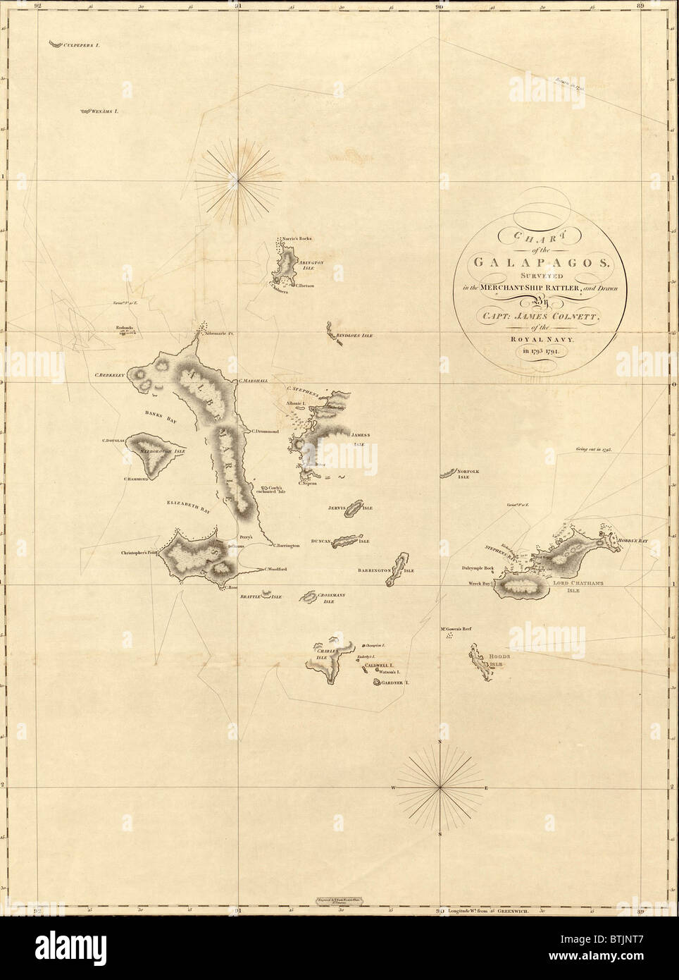 1798 mappa delle isole Galapagos nell'Oceano Pacifico Foto Stock