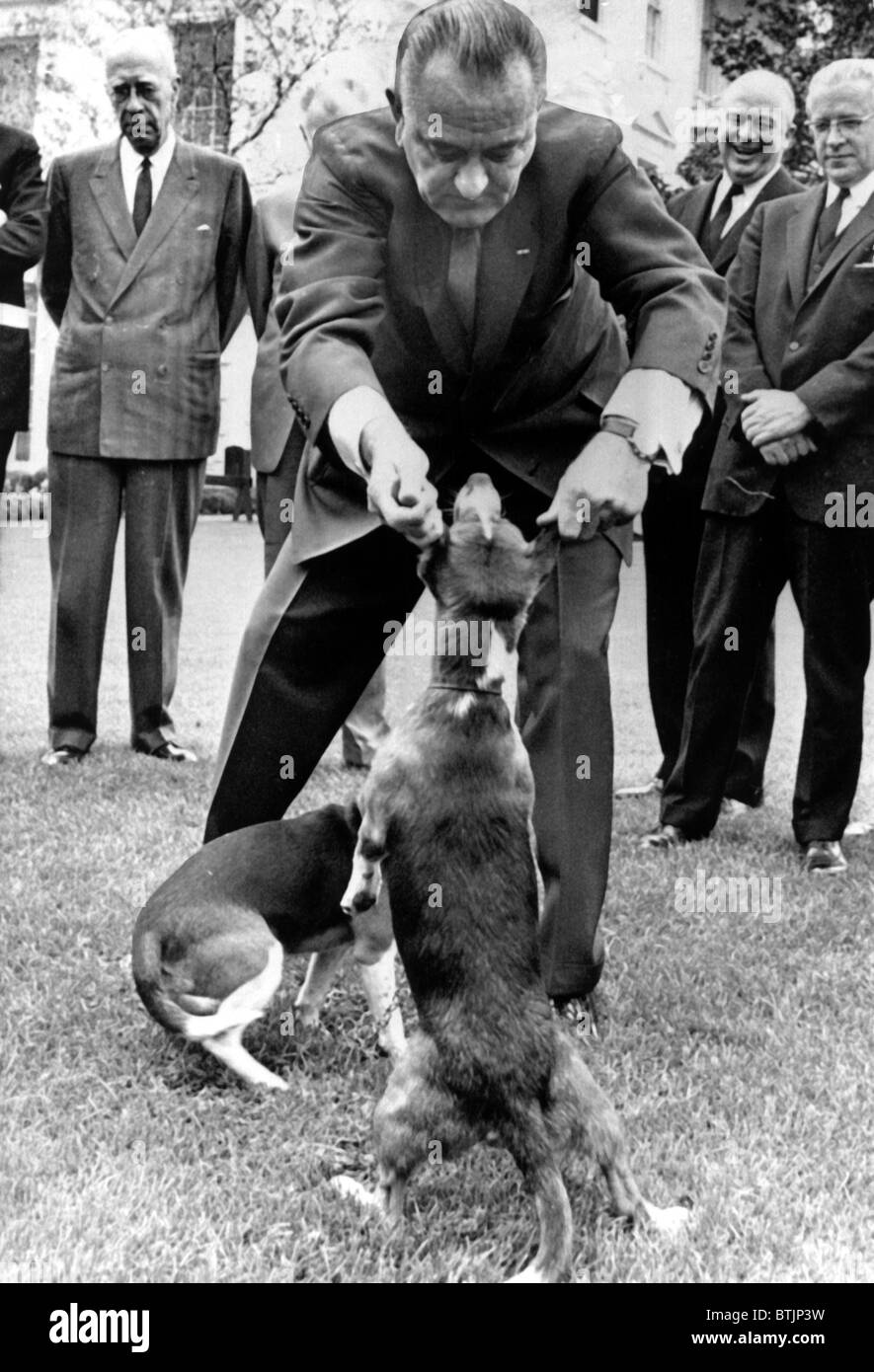 Il presidente Lyndon Johnson tirando le orecchie della Casa Bianca brachetti, 1964 Foto Stock