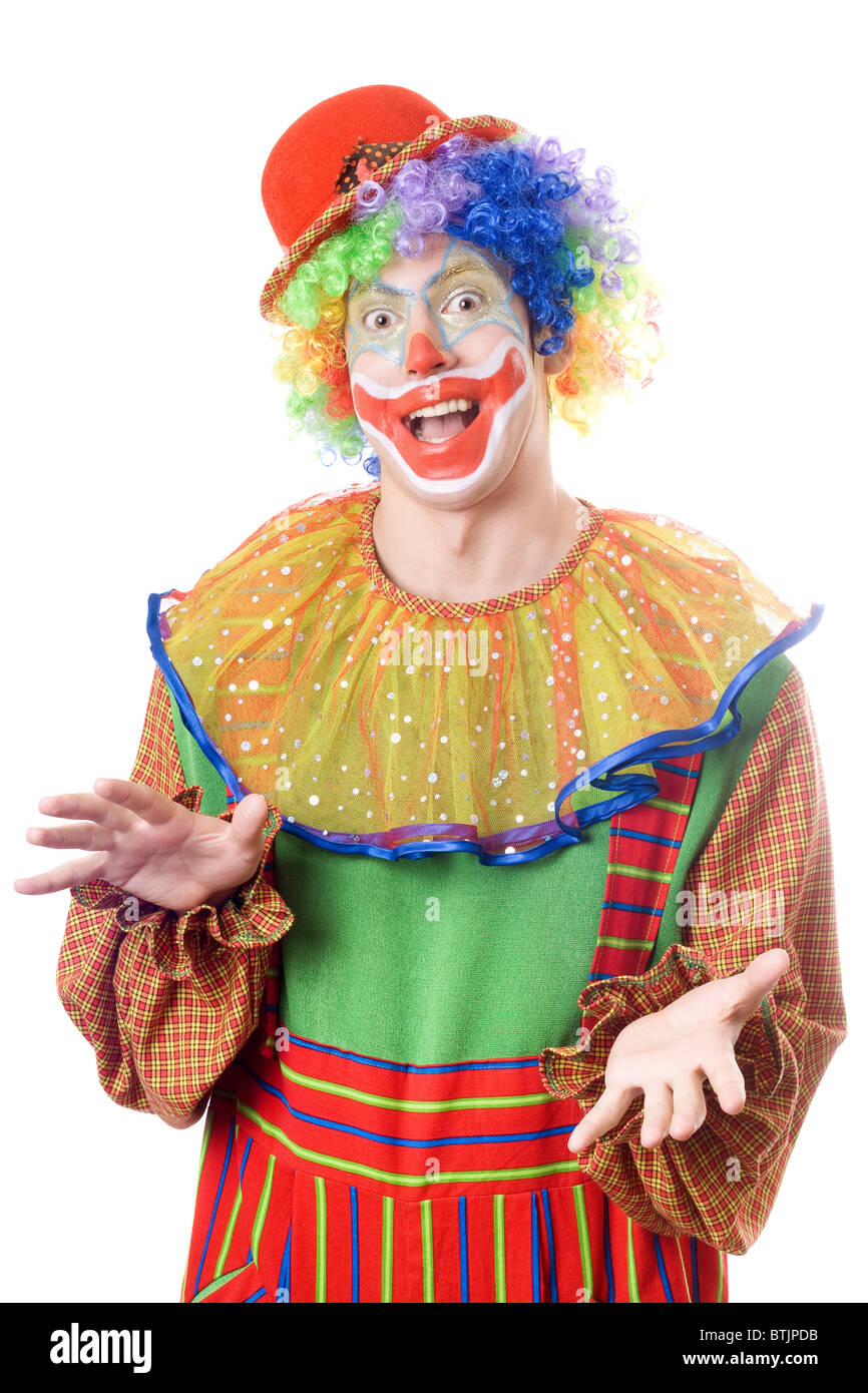Ritratto di un giovane divertenti clown. Isolato su bianco Foto Stock