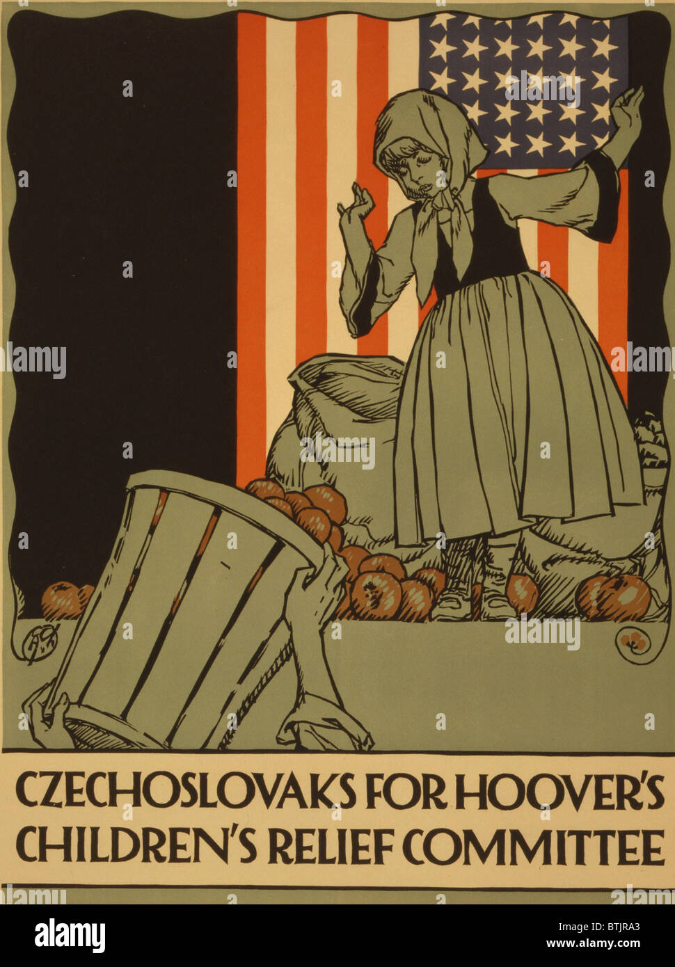 La guerra mondiale I poster, 'Czechoslovaks per Hoover per bambini comitato di sfiato,' che mostra una ragazza prima di una bandiera americana, con sacchetti Foto Stock