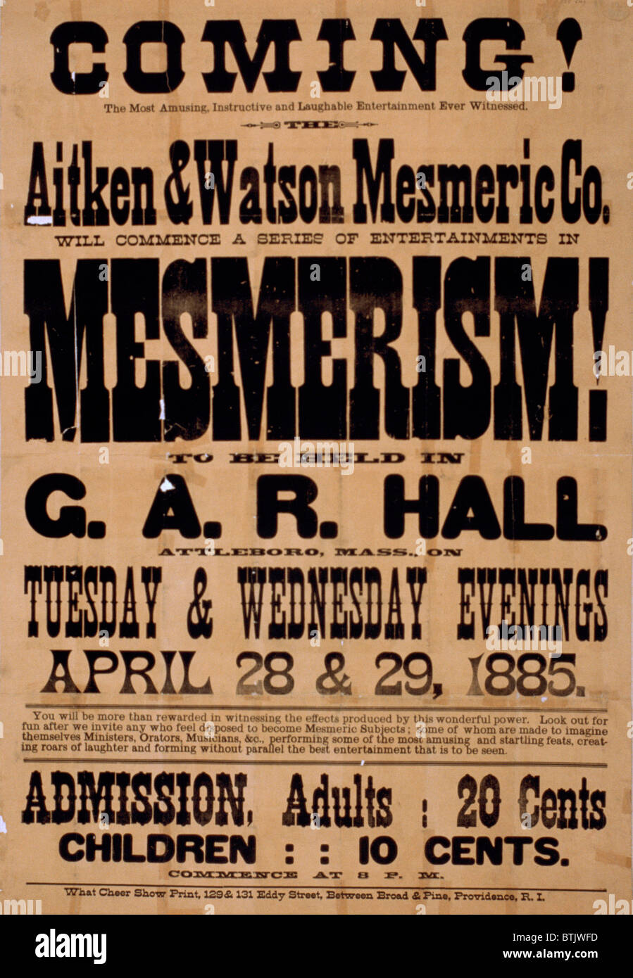 Poster annunciando un magic show, recita: "venuta! Aitken & Watson Mesmeric Co. avrà inizio una serie di intrattenimenti in mesmerism! Che si terrà in G.A.R. Hall, Attleboro, messa. il martedì e il mercoledì sera, aprile 28 & 29' una cosa tifare Visualizza stampa, 1885. Foto Stock