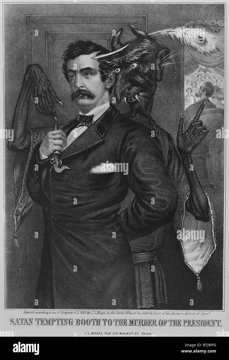 Giovanni documento Wilkes Booth è spronato da un Mephistophelian figura per sparare il presidente Abraham Lincoln, che è visibile in un teatro box al di là (a destra), titolo originale: 'Satan allettante stand per l'assassinio del Presidente", litografia da John L. Magee, circa 1865. Foto Stock