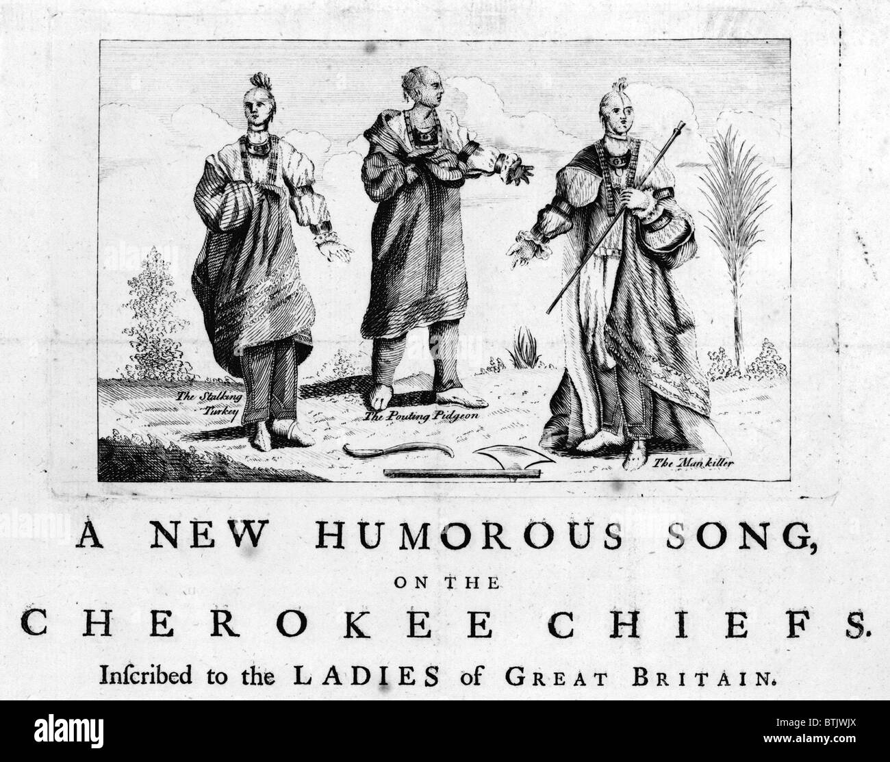 Cherokee tribù. Tre capi della nazione Cherokee come raffigurato in un inglese costeggiata su un ambasciata presso la Corte di Giorgio III. I loro nomi sono 'Lo stalking la Turchia ", " il broncio Pidgeon', 'l'uomo killer". Incisione ca Luglio 1762 Foto Stock