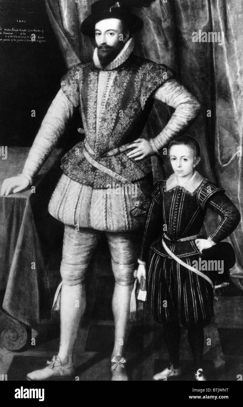 Esploratore inglese e scrittore di Sir Walter Raleigh, con suo figlio primogenito Walter, 1602. Foto Stock