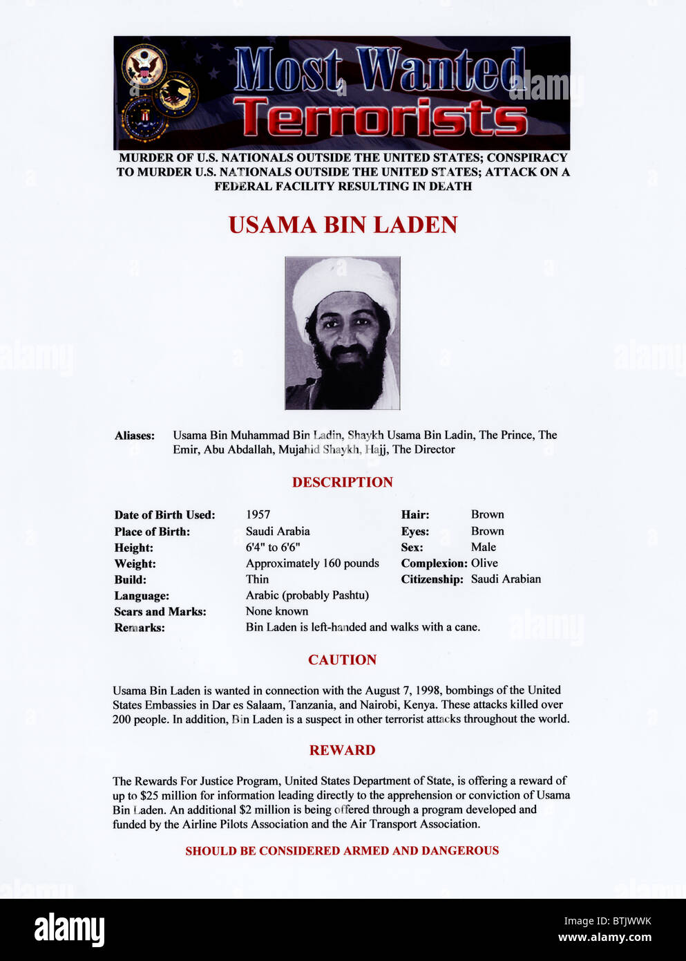 Osama bin Laden, i militanti islamisti e fondatore di Al Qaeda, FBI manifesto wanted, risalente alla fine degli anni novanta-primi 2000s. Foto Stock