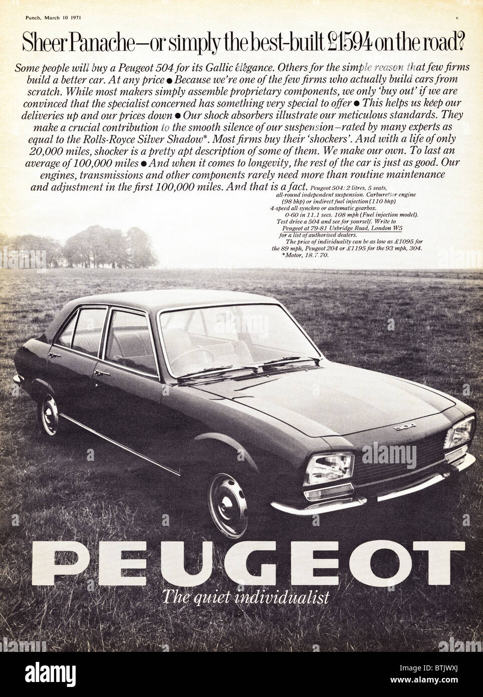 Pubblicità per Peugeot 504 auto in rivista circa 1971 Foto Stock