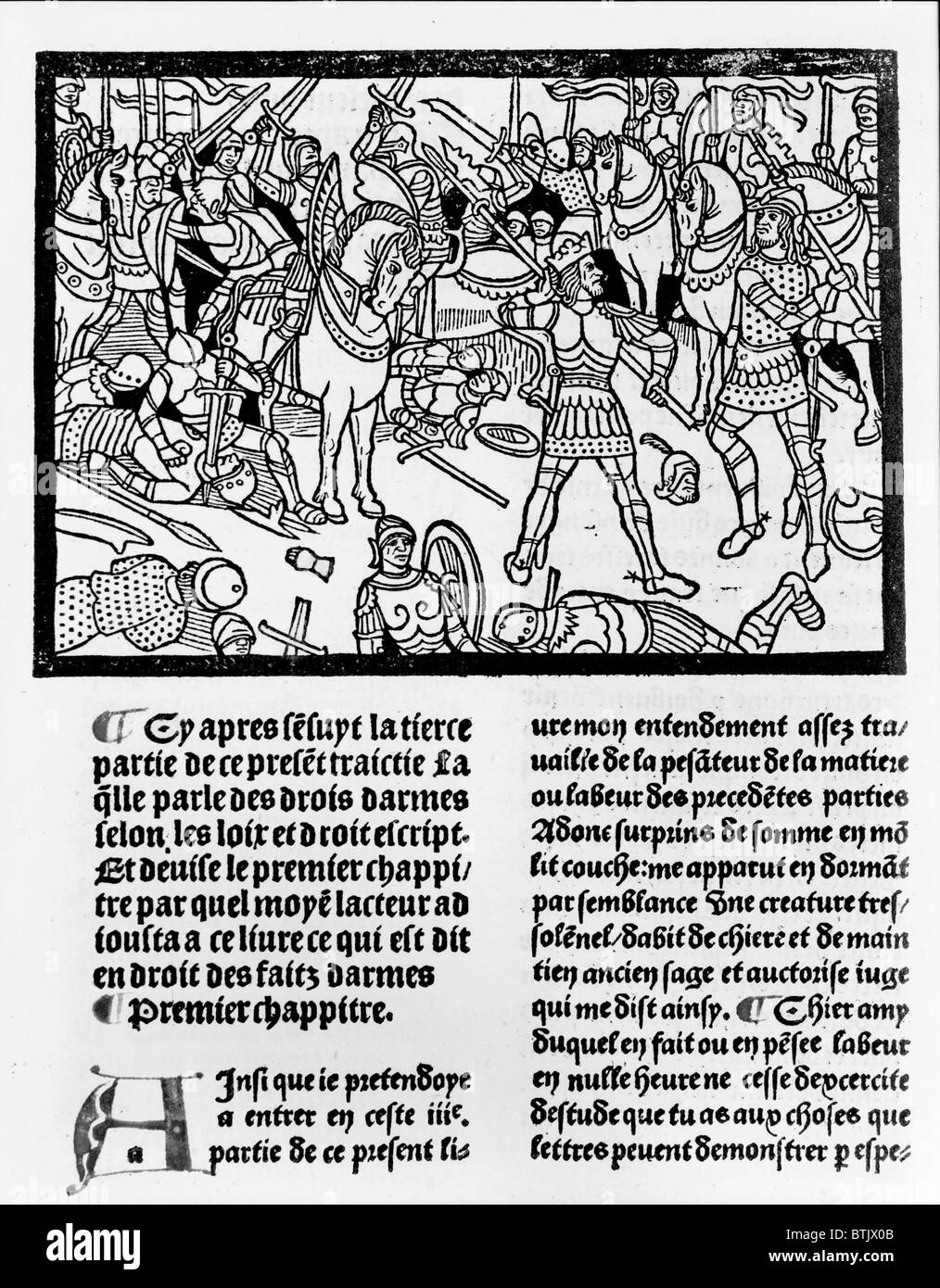 Cavalieri medievali in battaglia, una illustrazione da Christine, de il Pisano (1364-1430) "Faits d'armes et de chevalerie", un manuale sulla guerra, commissionato da Filippo, duca di Borgogna, ca 1410. Foto Stock